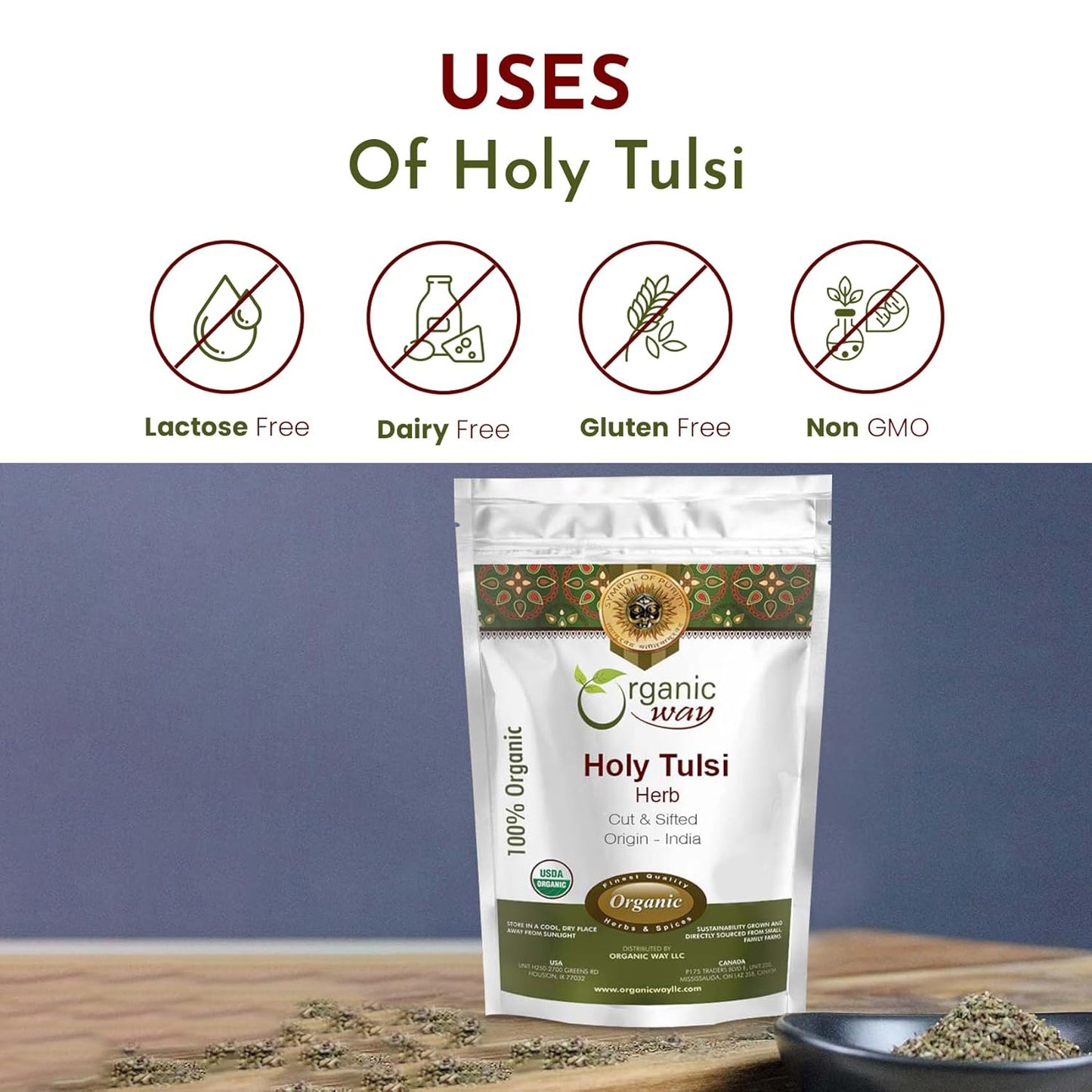 Holy Tulsi/Holy Basil Herb Cut & Sifted (Ocimum Tenuiflorum) - Organic & Kosher Certified | Raw, Vegan, Non GMO & Gluten Free | USDA Certified | Origin - India (1/4 LBS / 4 Oz) TLBH