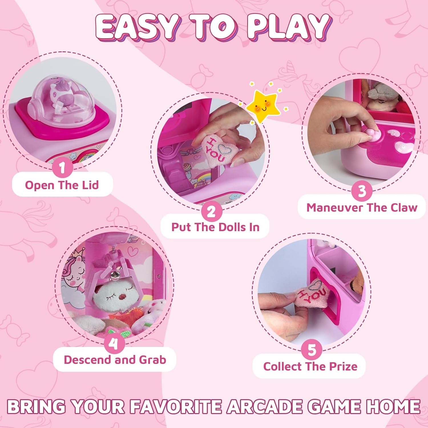 Claw Machine for Kids, Mini Vending Machine Girls Unicorn Toys, Candy Grabber Prize Dispenser with Sound & 20 Mini Plush Toys, Electronic Arcade Game Indoor Toy for Home Party Birthday Gifts ZOUSA
