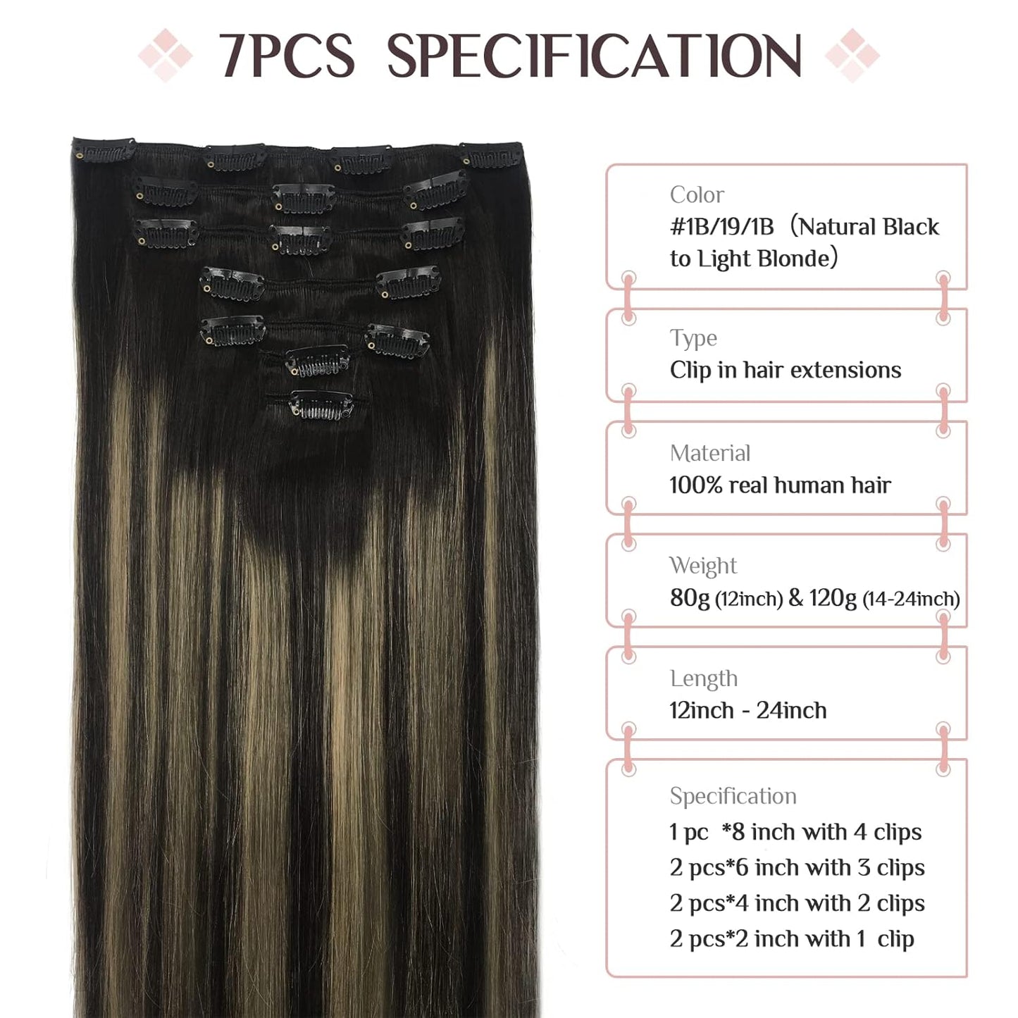 Hair Extensions Clip in Human Hair, 7 Pcs Balayage Natural Black to Light Blonde Hair Extensions, 80G 12 Inch Real Hair Extensions Clip in Human Hair Natural Straight Hair Extensions