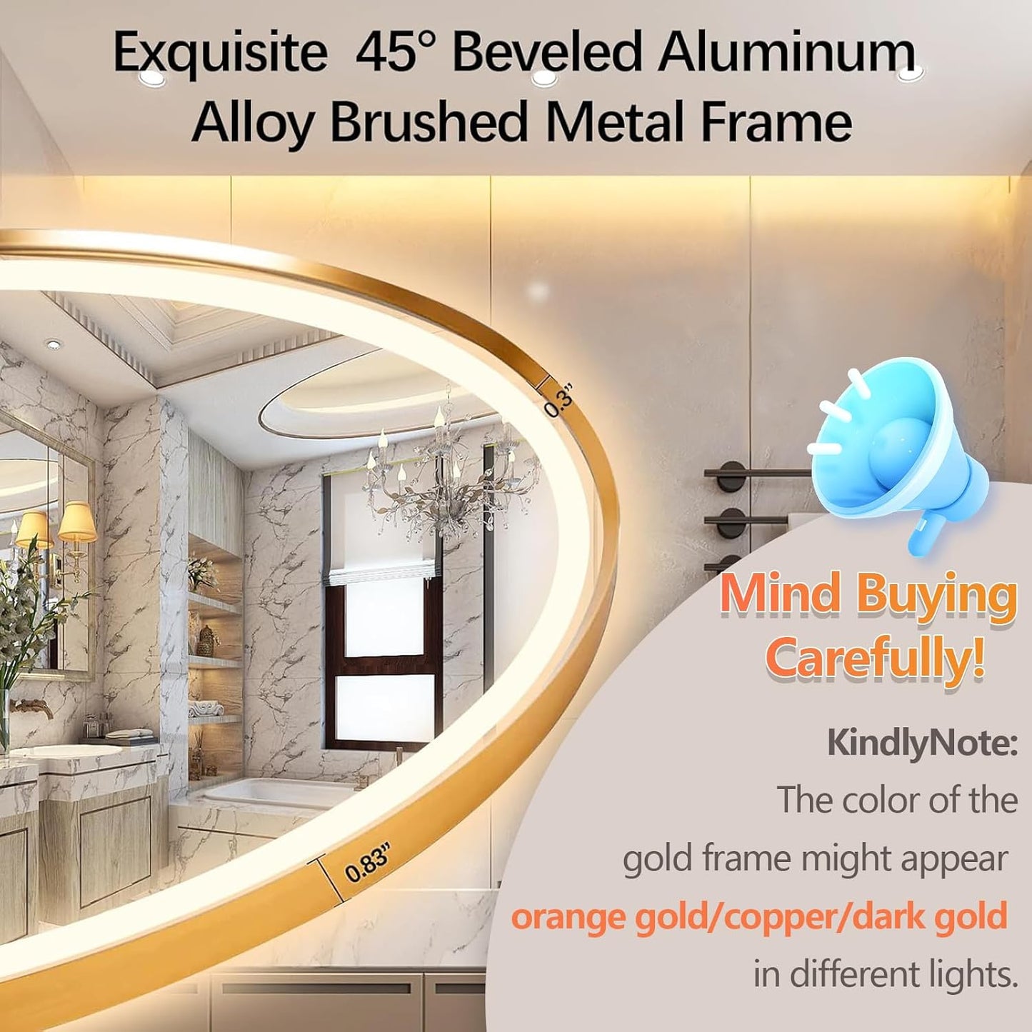 Oval LED Bathroom Mirror, 33"X20" Lighted Wall Mounted Vanity Mirror with Metal Frame, Anti-Fog IP66 Waterproof Smart Mirror, Memory Function, (Horizontal or Vertical), Gold