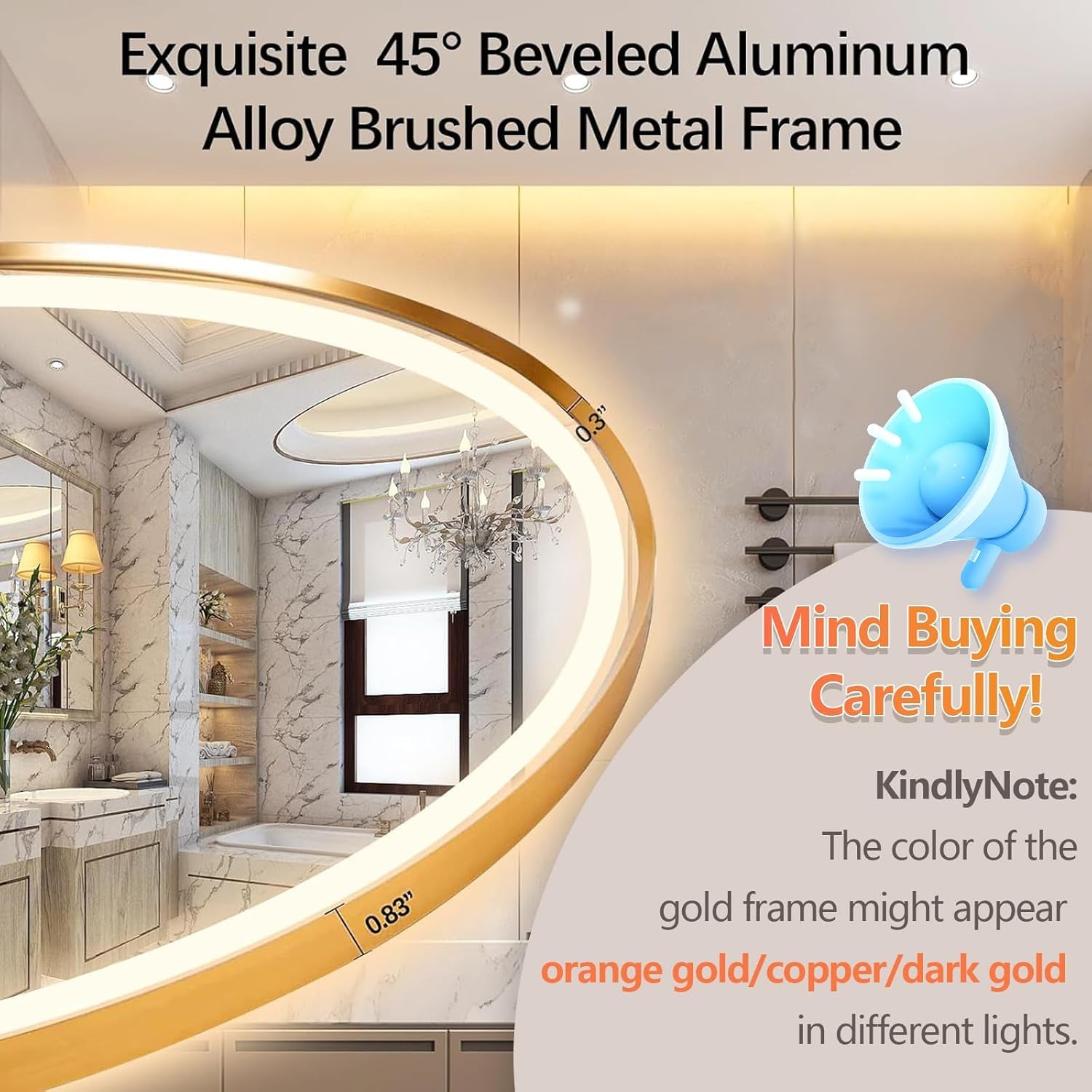 Oval LED Bathroom Mirror, 33"X20" Lighted Wall Mounted Vanity Mirror with Metal Frame, Anti-Fog IP66 Waterproof Smart Mirror, Memory Function, (Horizontal or Vertical), Gold