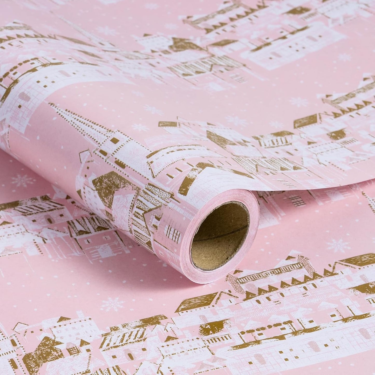 Christmas Wrapping Paper Roll - Pink & Golden City Snow Scenery for Christmas Holiday, Party - 17 Inches X 32.8 Feet (46.45 Sq.Ft.)
