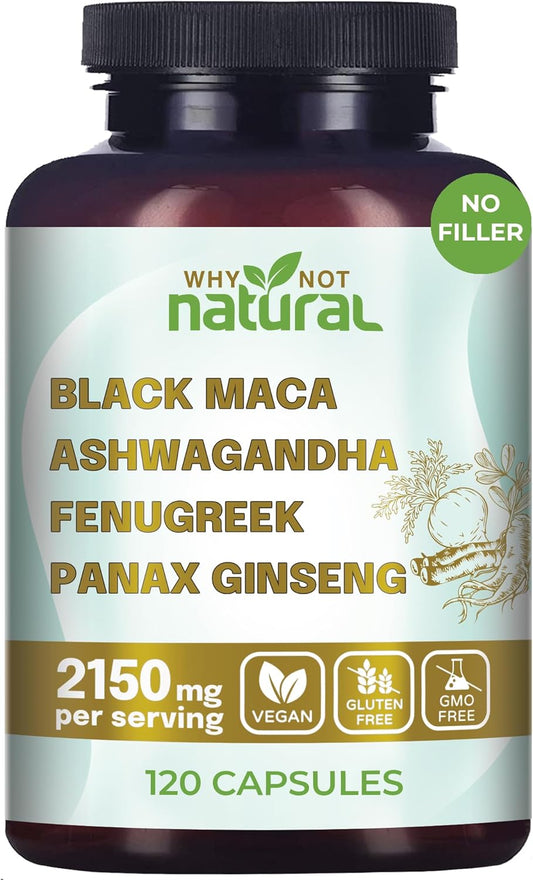 4-In-1 Organic Black Maca Root, Ashwagandha, Fenugreek, Panax Ginseng Capsules, Supplement for Men and Women (120 Count (Pack of 1) TLBH