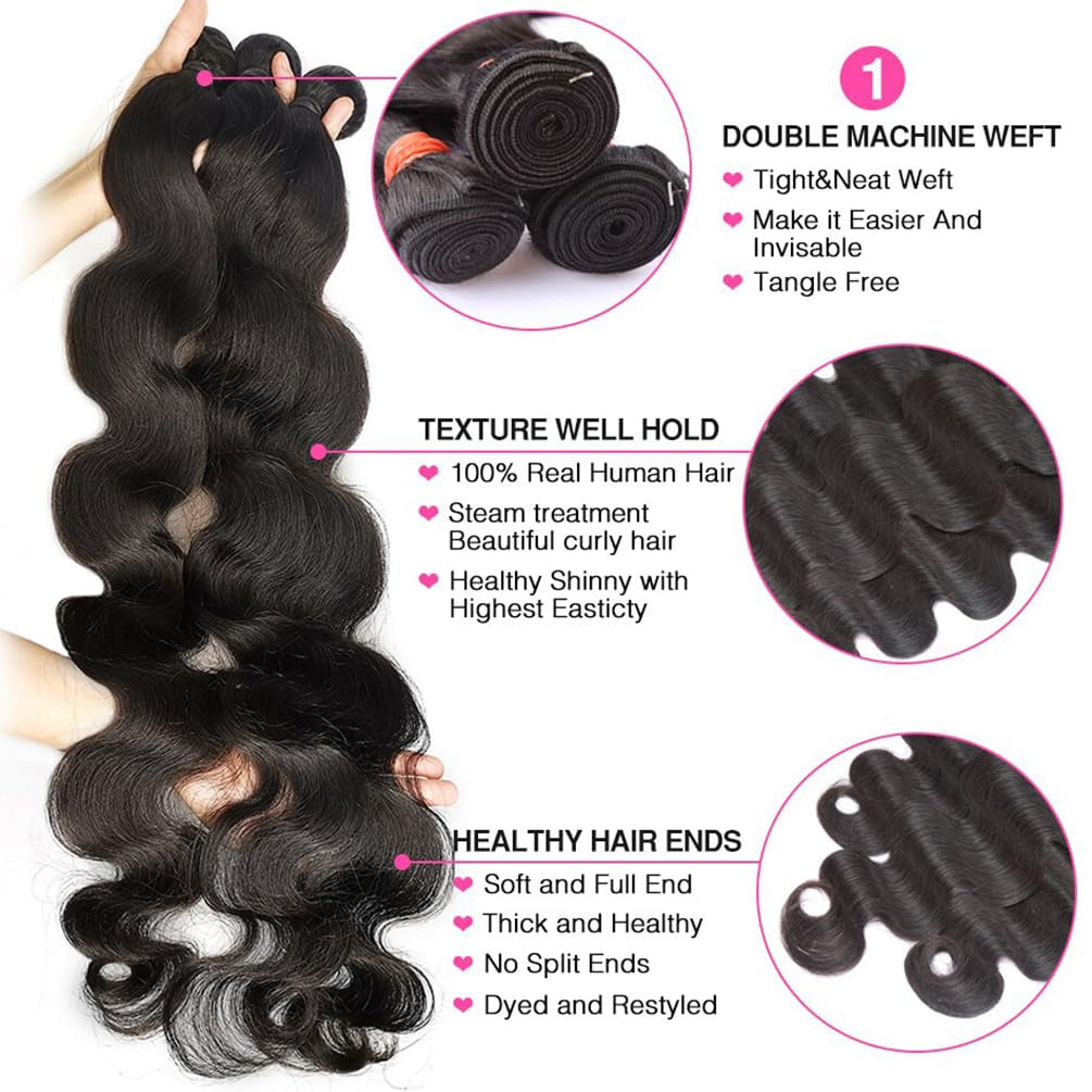Body Wave Bundles with Closure Human Hair 3 Bundles with Closure(16 18 20+14) Brazilian Body Wave 100% Unprocessed Virgin Human Hair Bundles with 4X4 Lace Closure Free Part Natural Color for Black Wom