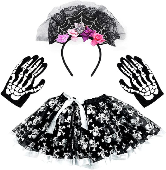 Halloween Costume Dress up with Headband + Gloves + Tutu Dress Outfit for Women Girls Halloween Christmas Cosplay Costume Role Play Stage Performance, Black, One Size