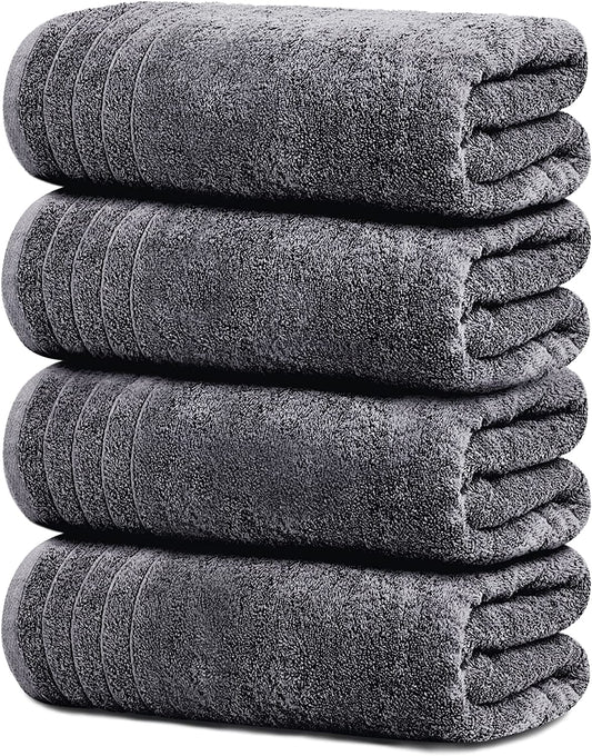 Pack of 4 Extra Large Bath Towels 30 X 60 Inches, 100% Cotton, Larger & Lighter, Quicker to Dry, Lighter Weight, Super Soft and Absorbent, Perfect Bathroom Towels (Dark Grey)