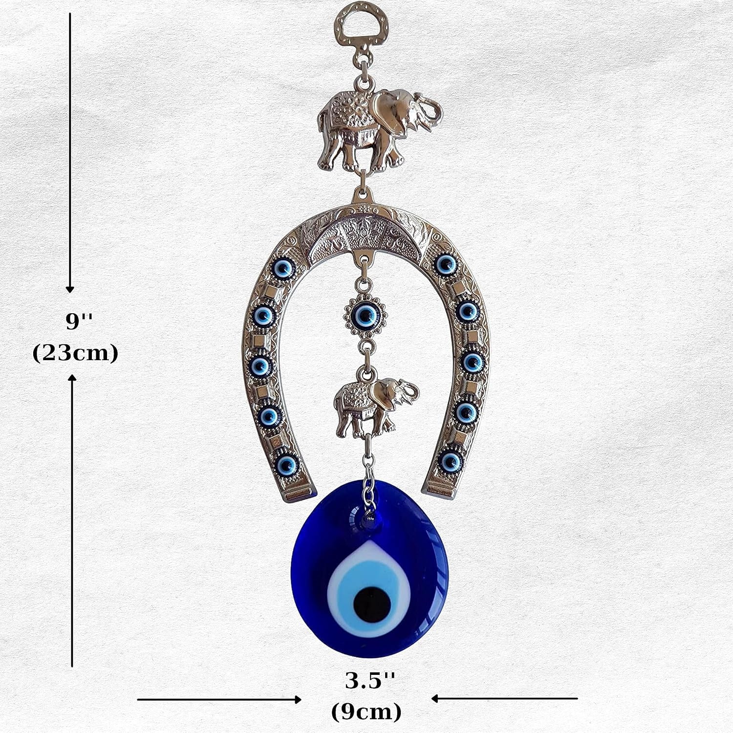 Turkish Silver Horse Shoe Blue Evil Eye Wall Hanging Ornament with Elephant - Turkish Nazar Bead Amulet – Home Protection and Good Luck Charm Gift in a Box