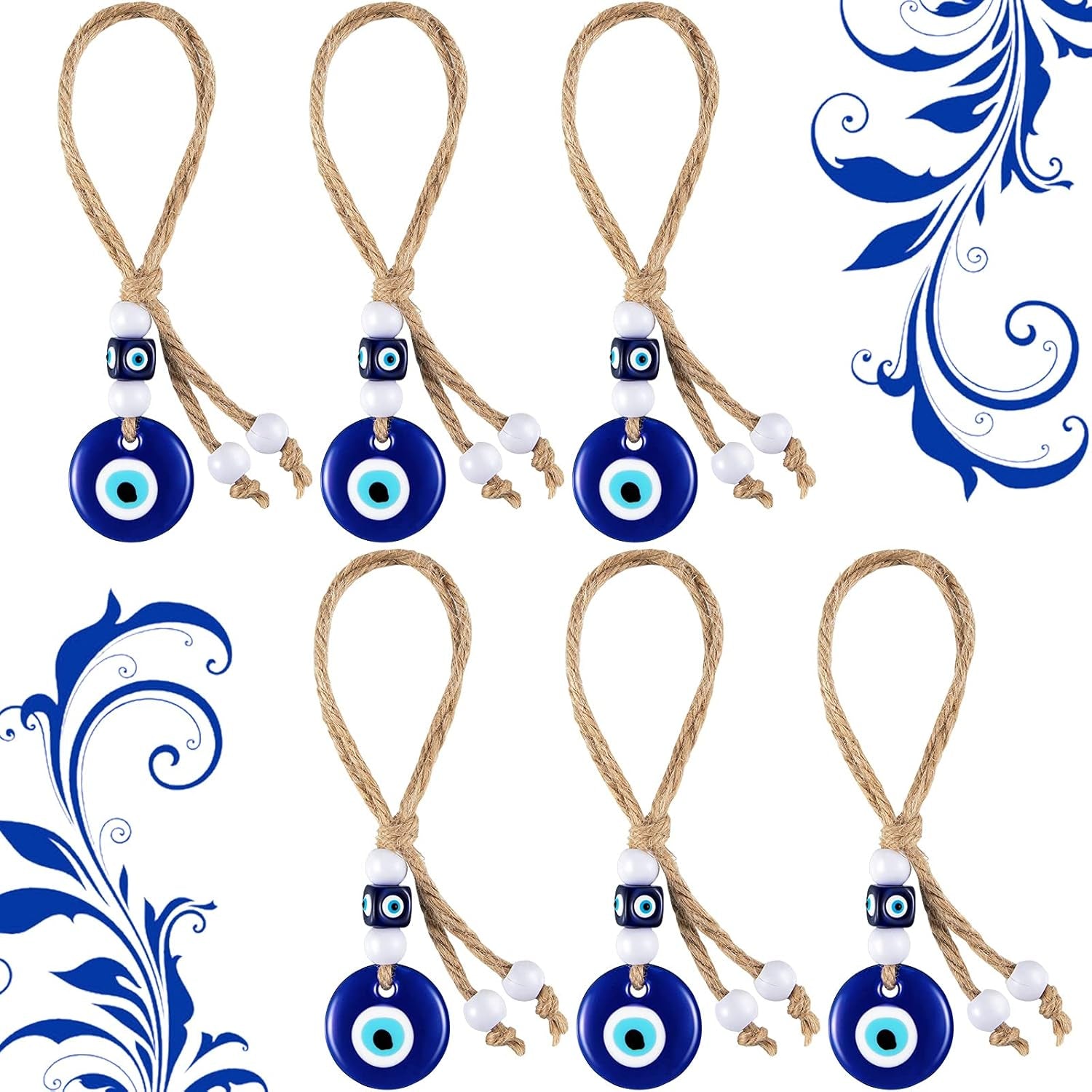 6 Pieces Turkish Blue Evil Eye Beads Charms Pendants Crafting Glass Beads Evil Eye Wall Hanging Ornament with Ropes for Keychain Jewelry Accessories Home Craft Decorations