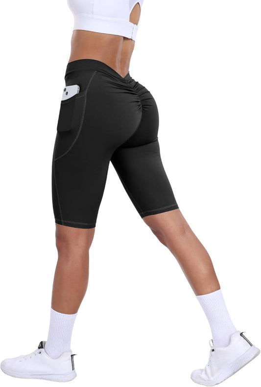 V Back Biker Shorts with Pockets Scrunch Butt Lifting Shorts for Women Athletic Gym Yoga Booty Shorts