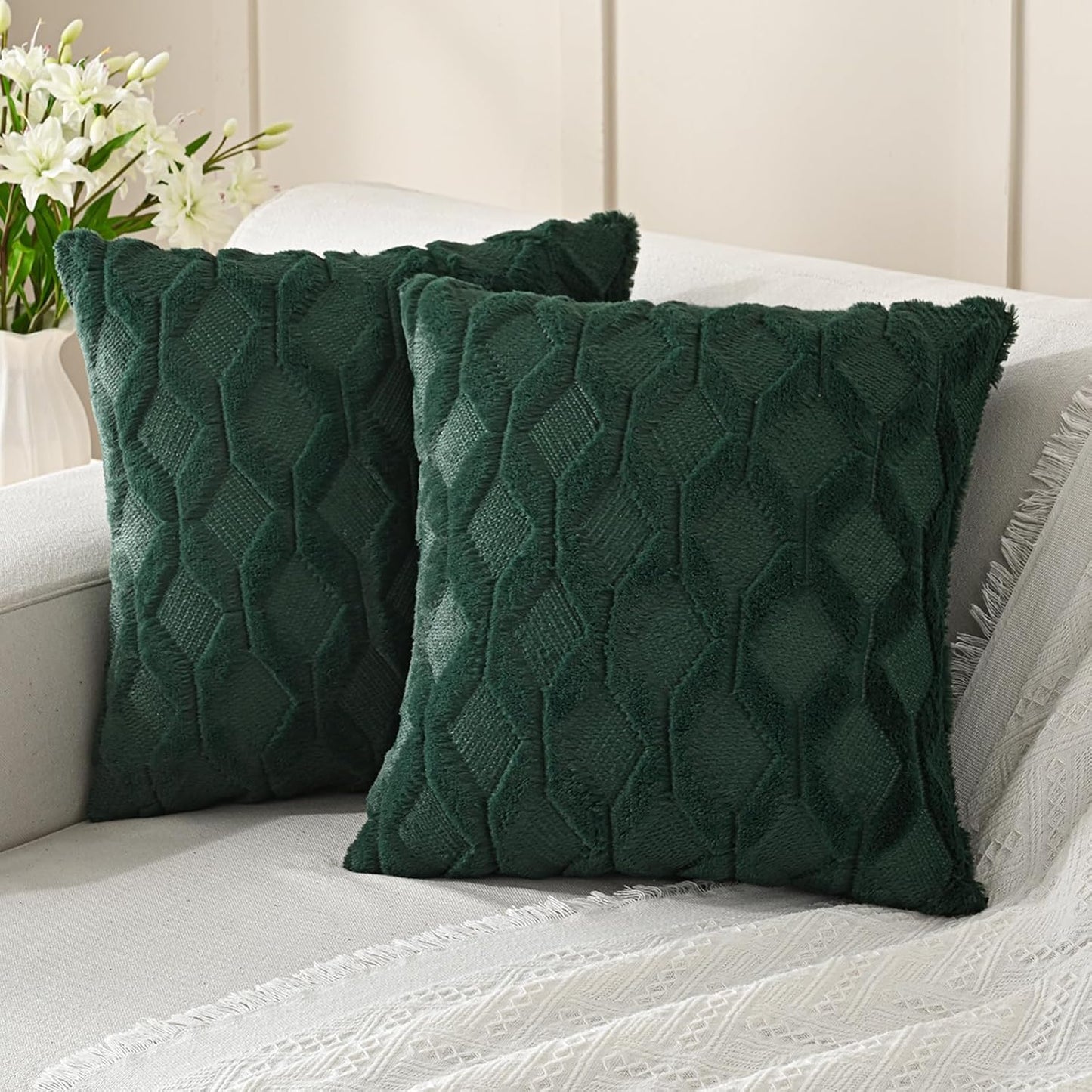 Pack of 2 Faux Wool Throw Pillow Covers 20X20 Inches Decorative Farmhouse Velvet Couch Pillow Case Soft Plush Square Boho Cushion Pillowcase, Dark Green