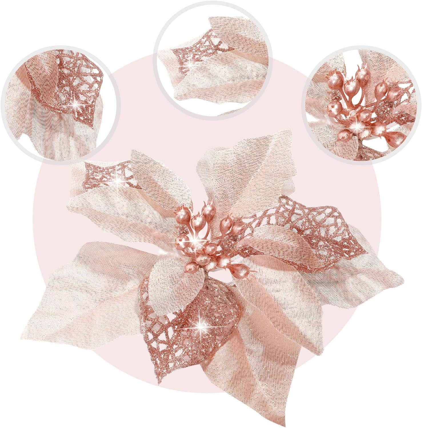 24 Pieces Christmas Artificial Glitter Poinsettia Flowers Xmas Flowers Wedding Christmas Tree New Year Ornaments(Rose Gold)