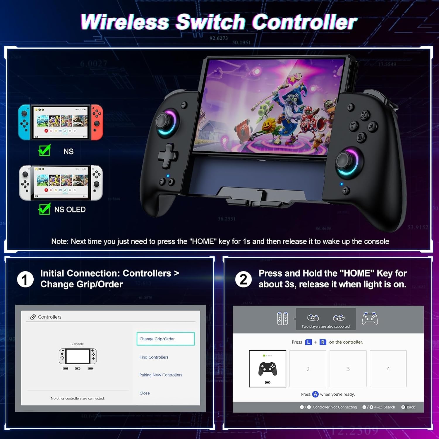 Switch Controllers for Nintendo Switch/Oled Controller, Switch Wireless Pro Controller One-Piece Joypad, Full-Size Ergonomic Handheld Mode Controller with Battery/Rgb/Turbo/Programming(Black)