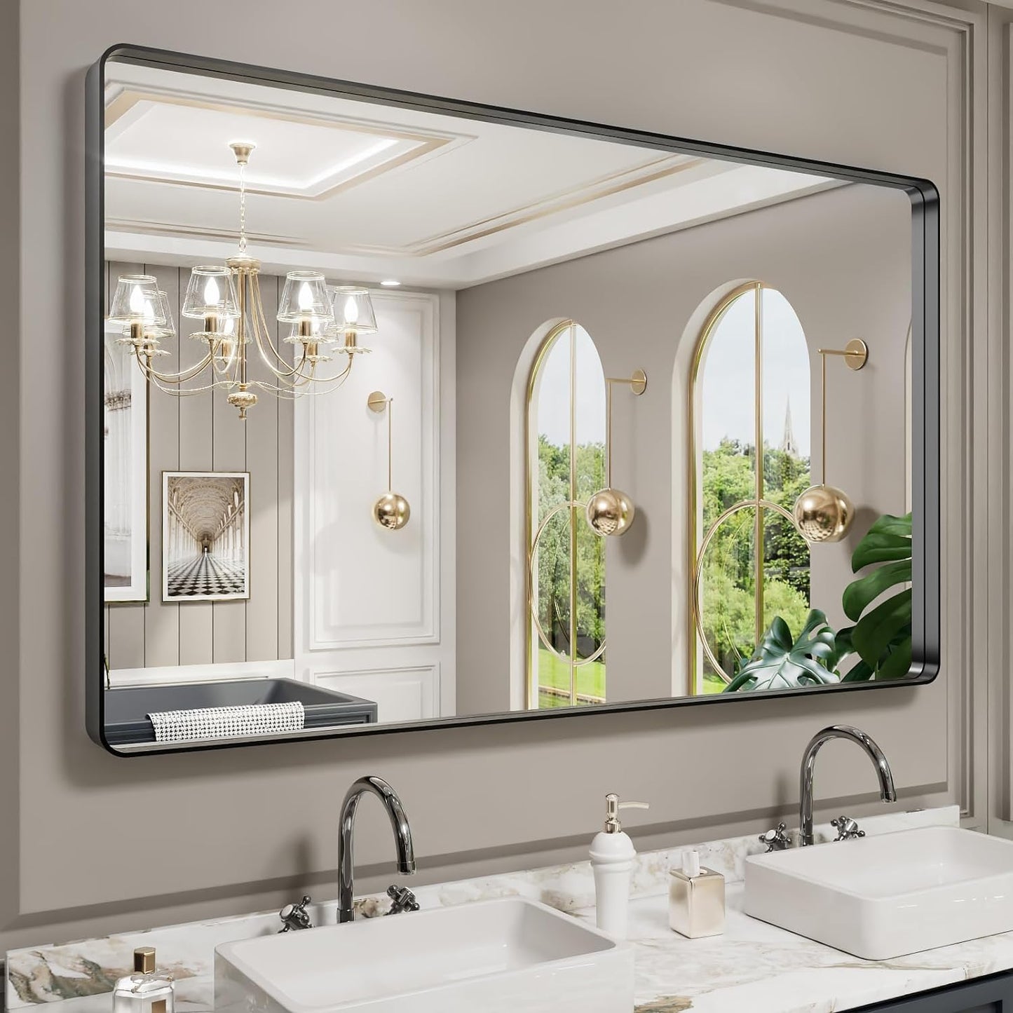 50X30 Inch Black Metal Framed Bathroom Mirror for Wall, Matte Black Bathroom Vanity Mirror Farmhouse, Large Rounded Rectangle Mirror, Anti-Rust, Tempered Glass, Hangs Horizontally or Vertically