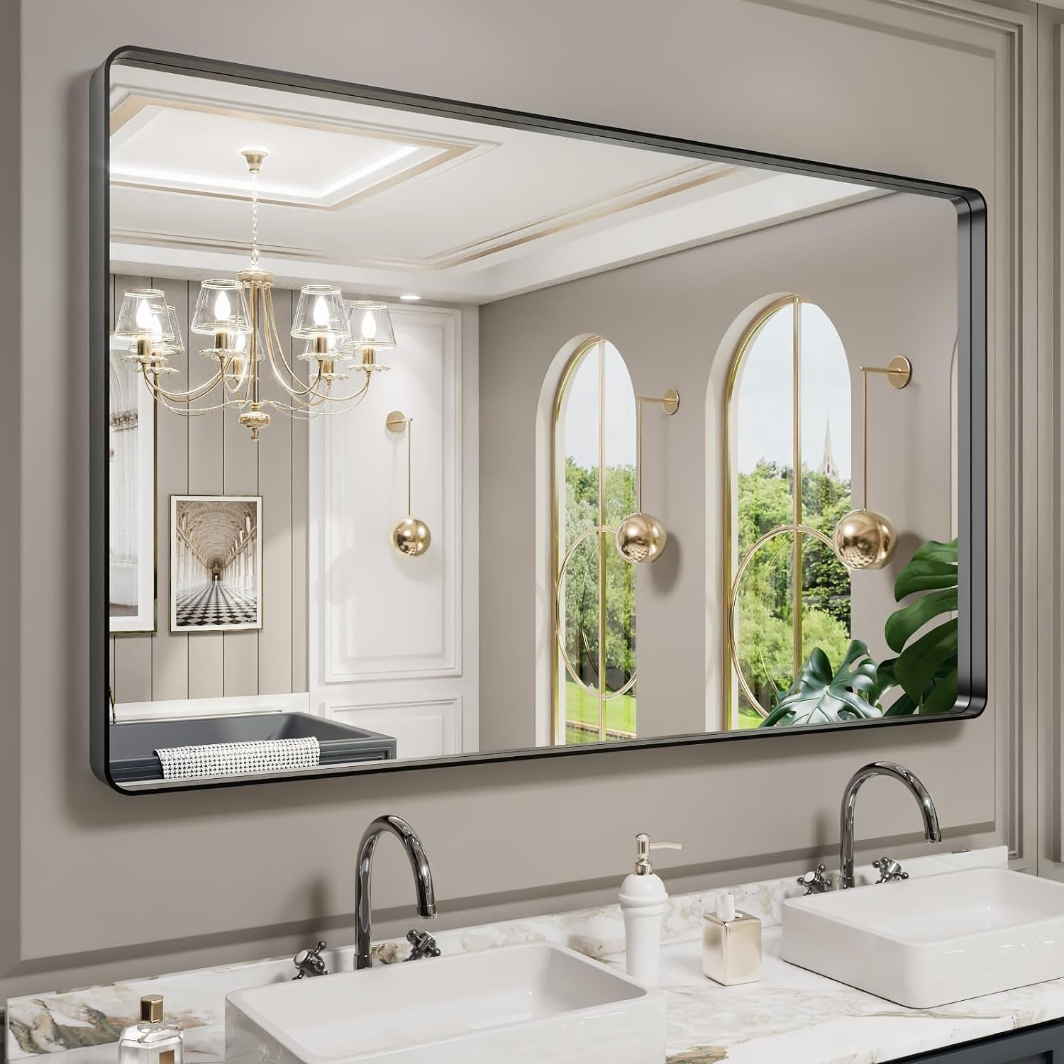 50X30 Inch Black Metal Framed Bathroom Mirror for Wall, Matte Black Bathroom Vanity Mirror Farmhouse, Large Rounded Rectangle Mirror, Anti-Rust, Tempered Glass, Hangs Horizontally or Vertically