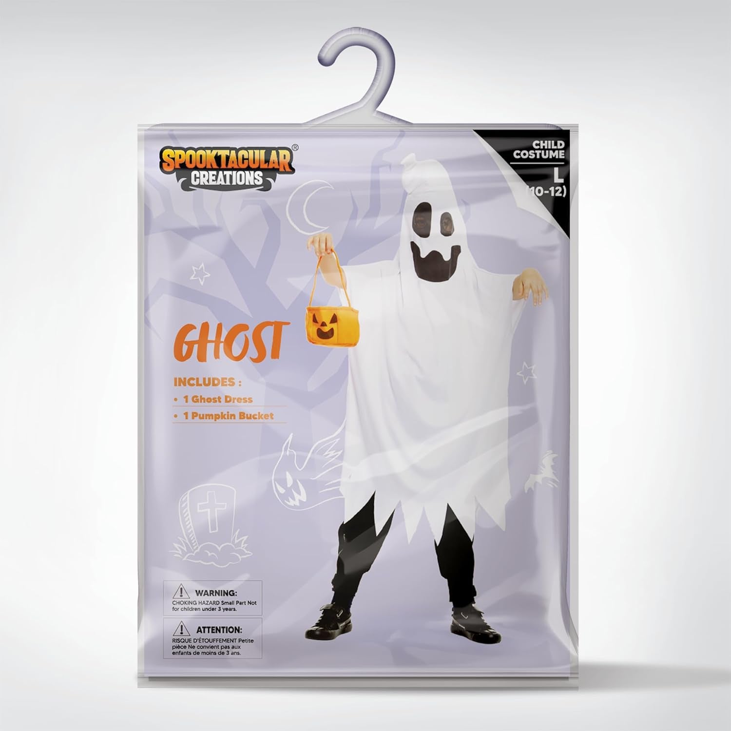 Halloween Ghost Costume with Horn and Pumpkin Bucket for Child Halloween Spooky Trick-Or-Treating