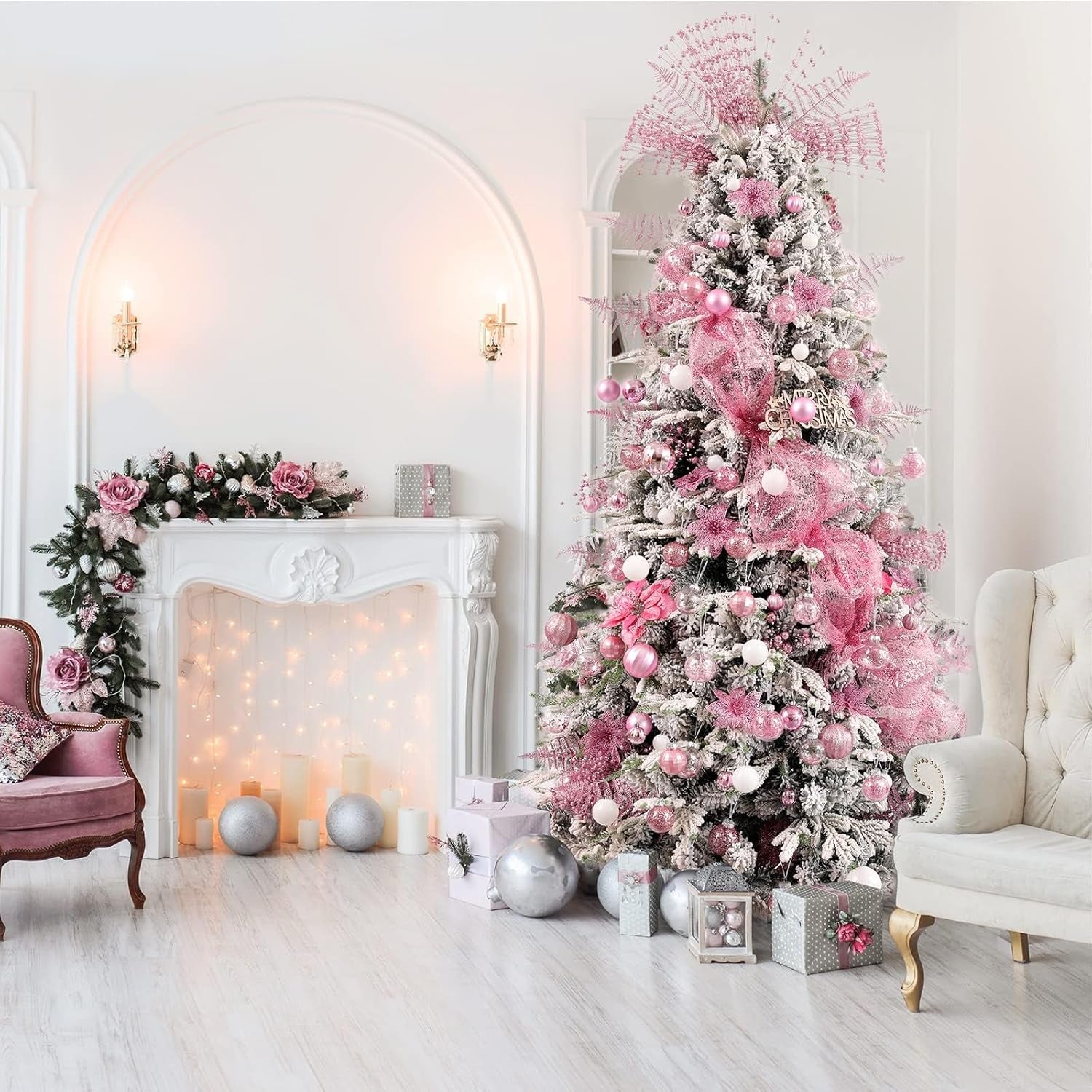 Christmas Ball Ornaments Shatterproof Clear Large Plastic Hanging Ball Decorative Baubles Set with Stuffed Delicate Decorations (Multi-Size, Pink)