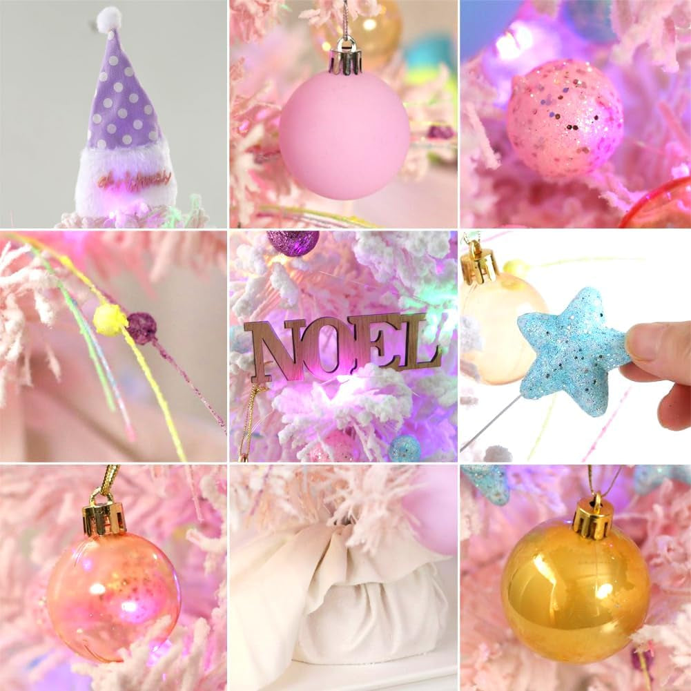 Mini Christmas Tree, 22 Inch Artificial Flocked Tabletop Xmas Trees with Noel Sign Christmas Ball Ornament and Treetop Decor for Home Office Desk Holiday Party Indoor Decoration- Light Pink