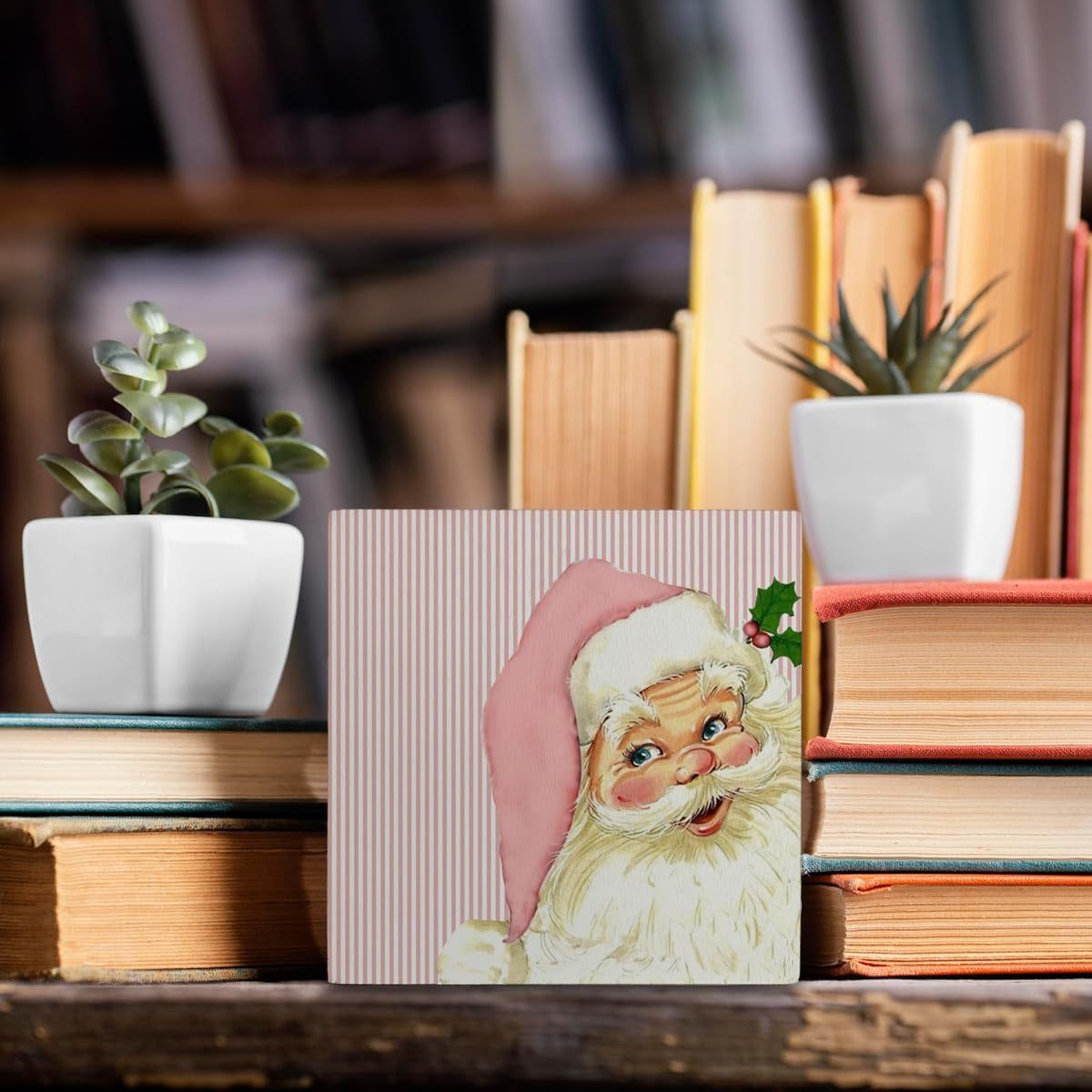 Pink Retro Santa Christmas Wooden Box Signs,Pink Christmas Sign,Santa Clause Christmas Decorations,Pink Christmas Decorations,Christmas Signs,Christmas Signs for Home Decor 5X5 Inch