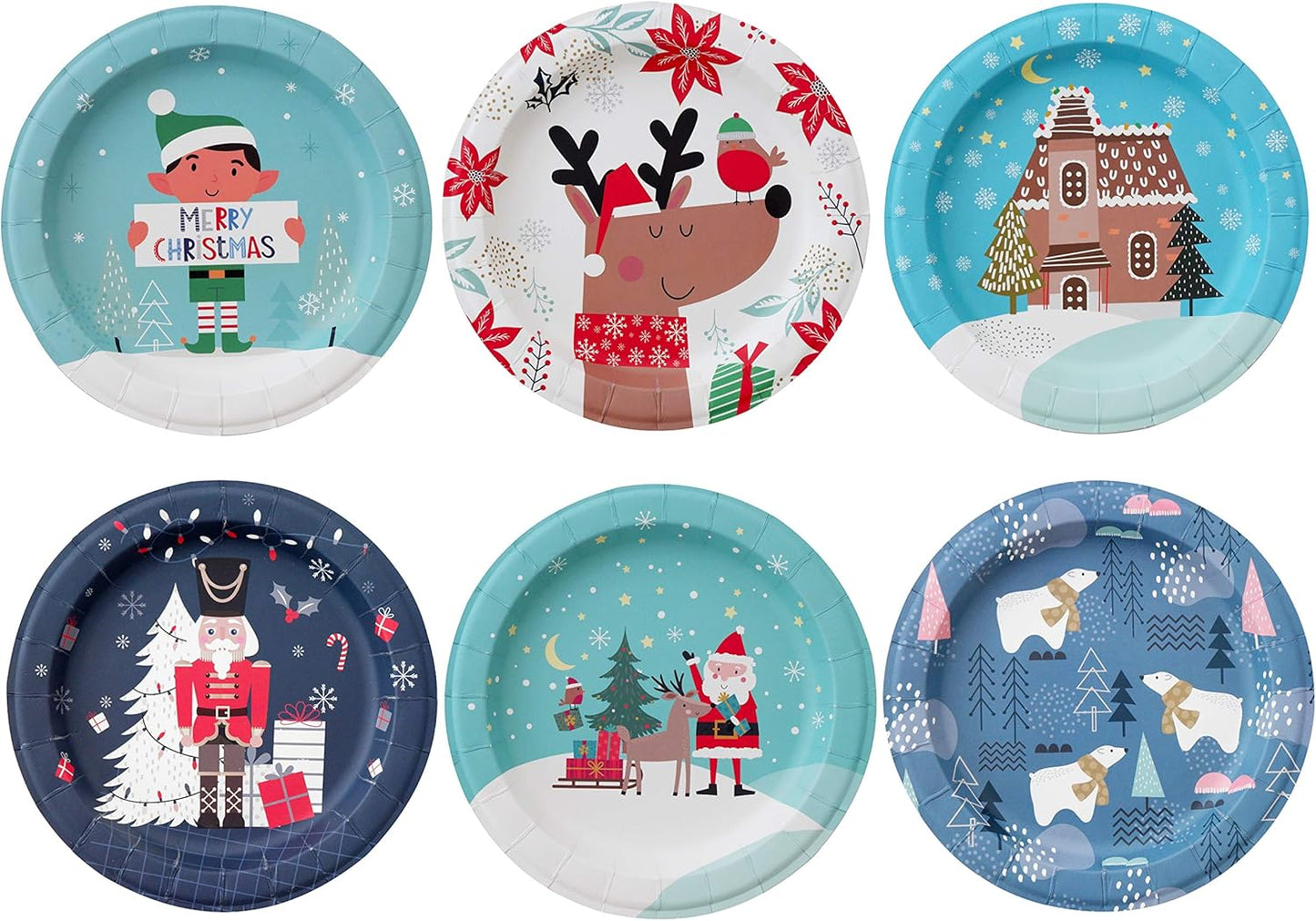 Paper Plates - 60-Count 8" X 8" Disposable Christmas Party Supply Dessert Plates in 6 Designs - Reindeer, Santa, Polar Bear, Elf, Gingerbread House, Nutcracker
