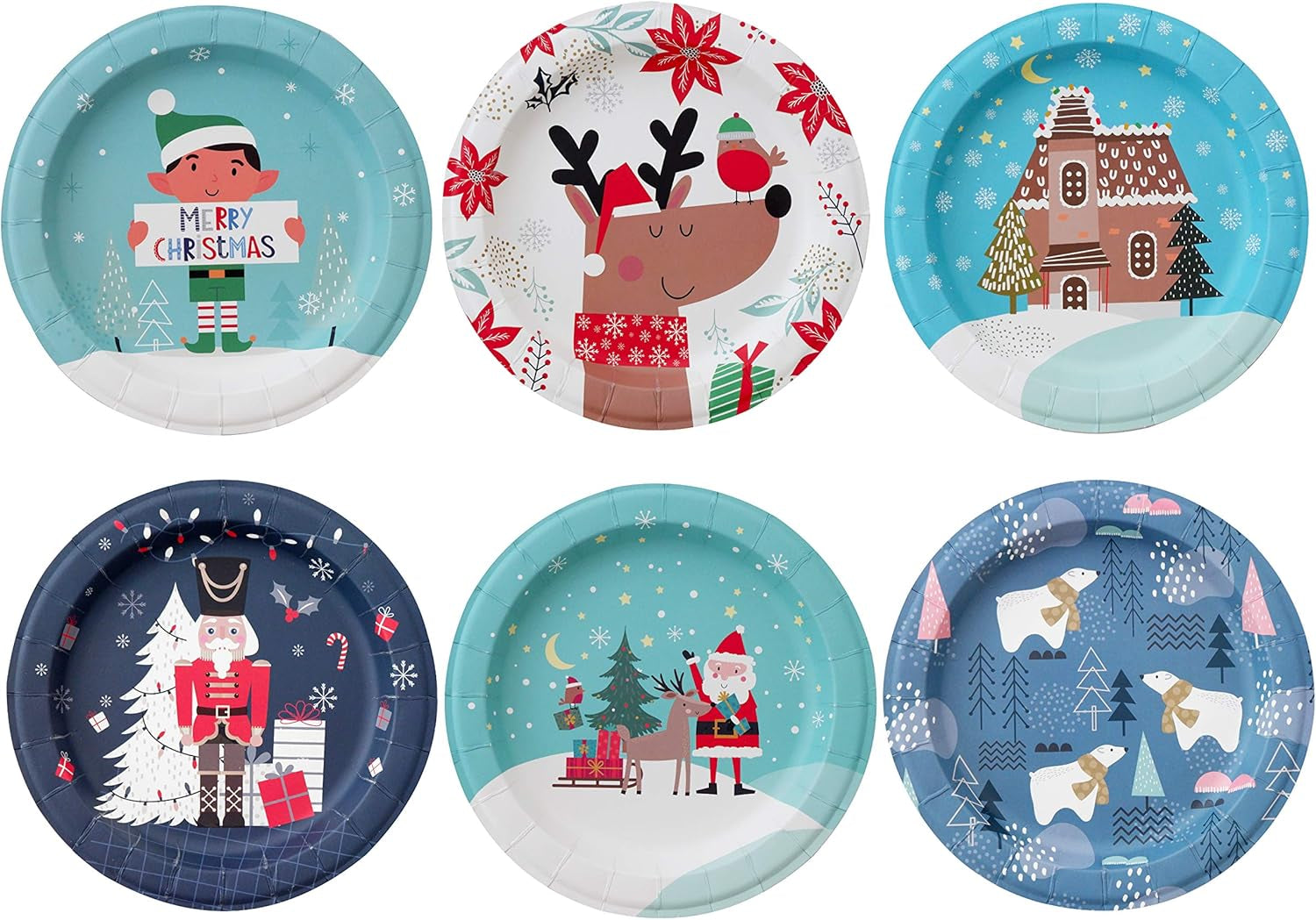 Paper Plates - 60-Count 8" X 8" Disposable Christmas Party Supply Dessert Plates in 6 Designs - Reindeer, Santa, Polar Bear, Elf, Gingerbread House, Nutcracker