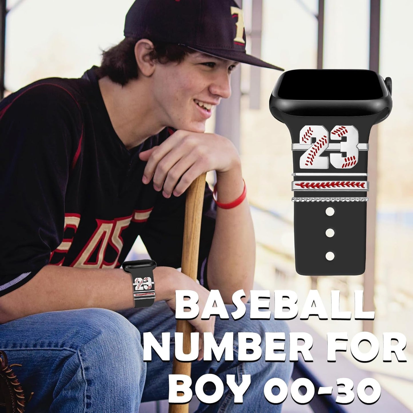 Baseball Number Watch Charms for Boy 00-30 Athletes Jersey Number Decorative Rings Loops Compatible with Apple Watch Accessories 45Mm 44Mm 42Mm 41Mm 40Mm 38Mm Iwatch Series 8 7 6 5 4 3 2 1(No Watch Band)