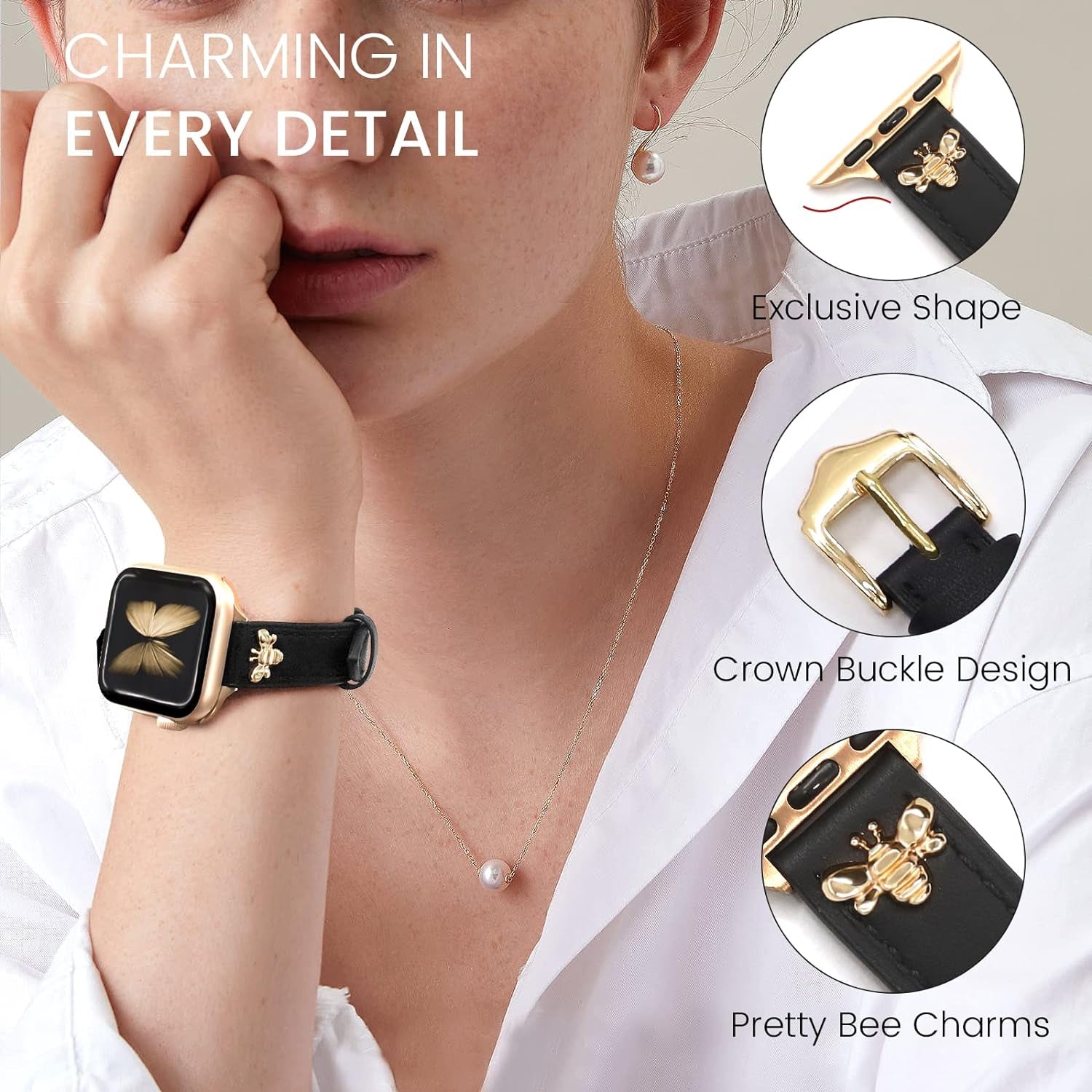 Slim Leather-Bands Compatible with Apple Watch Band 38Mm 40Mm 41Mm Top Genuine Leather Band with Charms