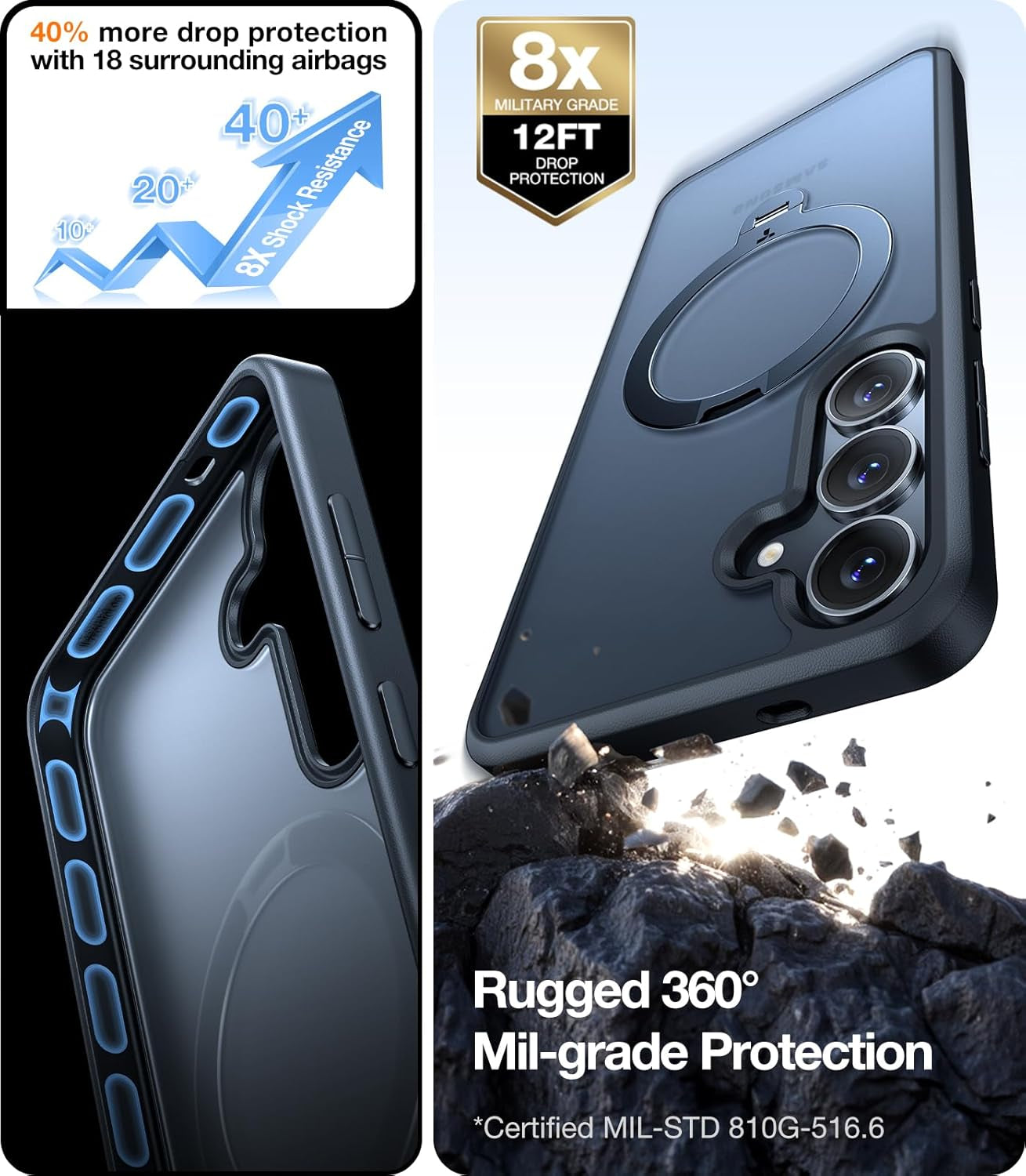 360°Spin Magnetic Stand for Samsung Galaxy S25 plus Case (2025), Fit for Magsafe Military Grade Shockproof Slim Protective S25+ plus Case with Kickstand & Ring Holder, Ostand Spin, Black