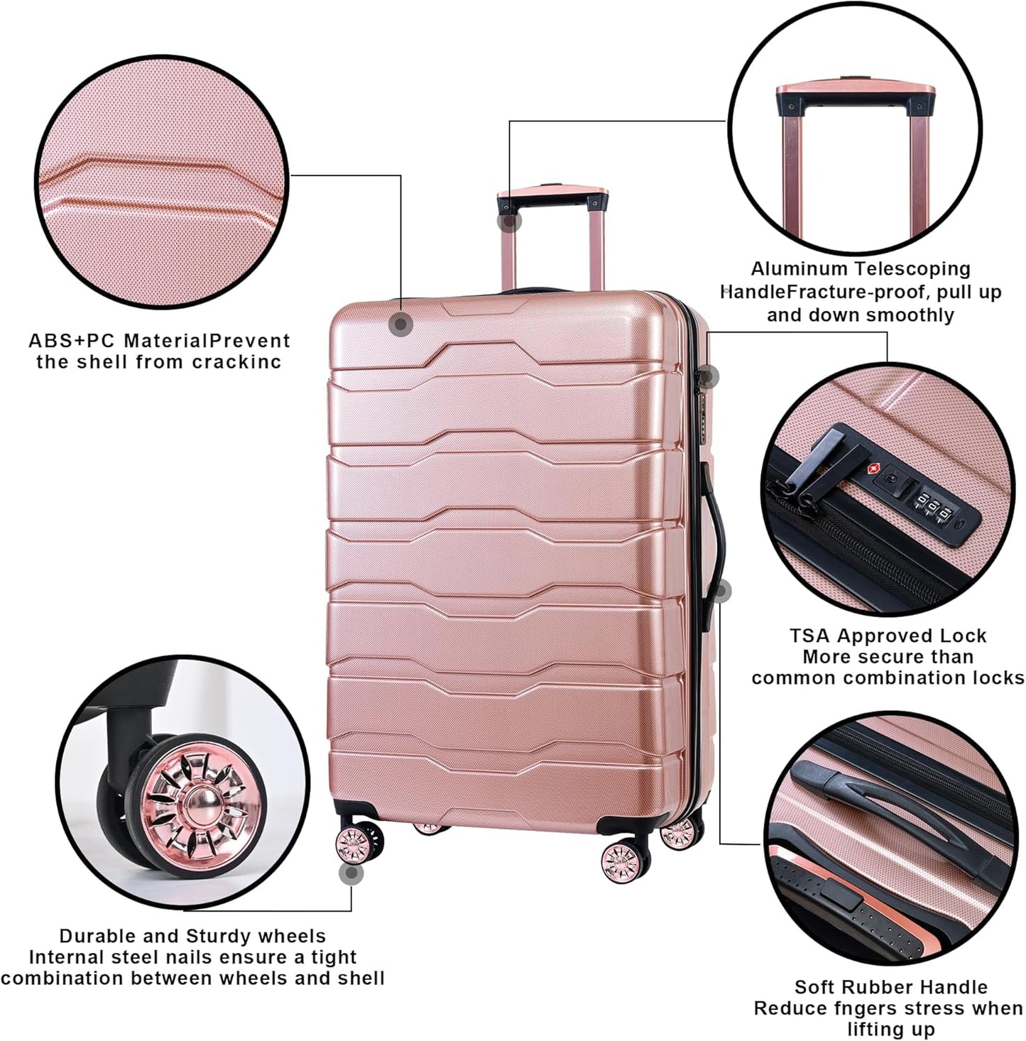 Luggage Set 3 Piece, PC+ABS Lightweight Suitcase Sets with Spinner Wheels, Hard Shell Luggage Sets with TSA Lock Rosegold (20/24/28)