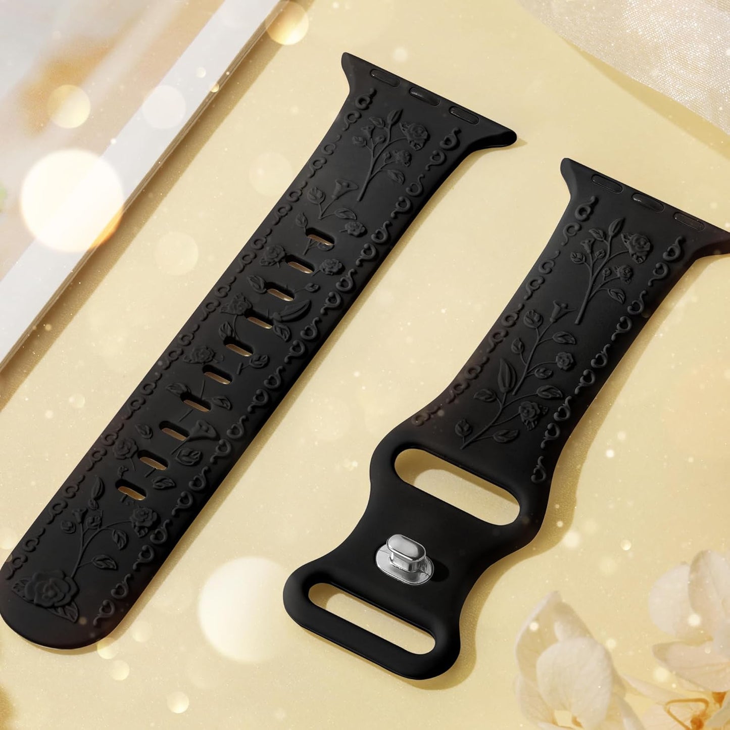 Dressy Floral Engraved Band for Apple Watch Bands for Women 46Mm 44Mm 45Mm 42Mm 49Mm, Soft Silicone Iwatch Bands for Women, Designer Band for Appe Watch Series 10 9 8 7 6 5 4 3 SE Ultra-Black