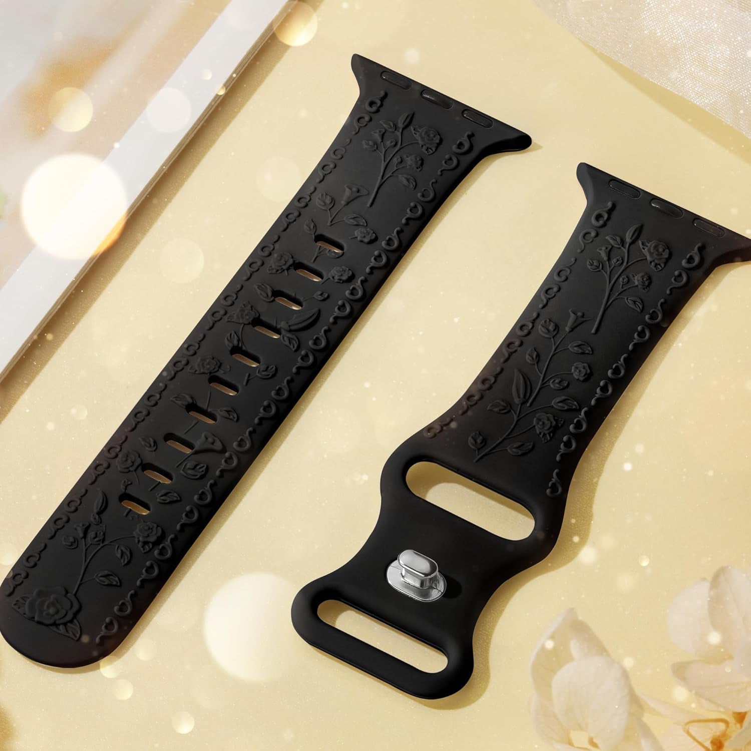 Dressy Floral Engraved Band for Apple Watch Bands for Women 46Mm 44Mm 45Mm 42Mm 49Mm, Soft Silicone Iwatch Bands for Women, Designer Band for Appe Watch Series 10 9 8 7 6 5 4 3 SE Ultra-Black