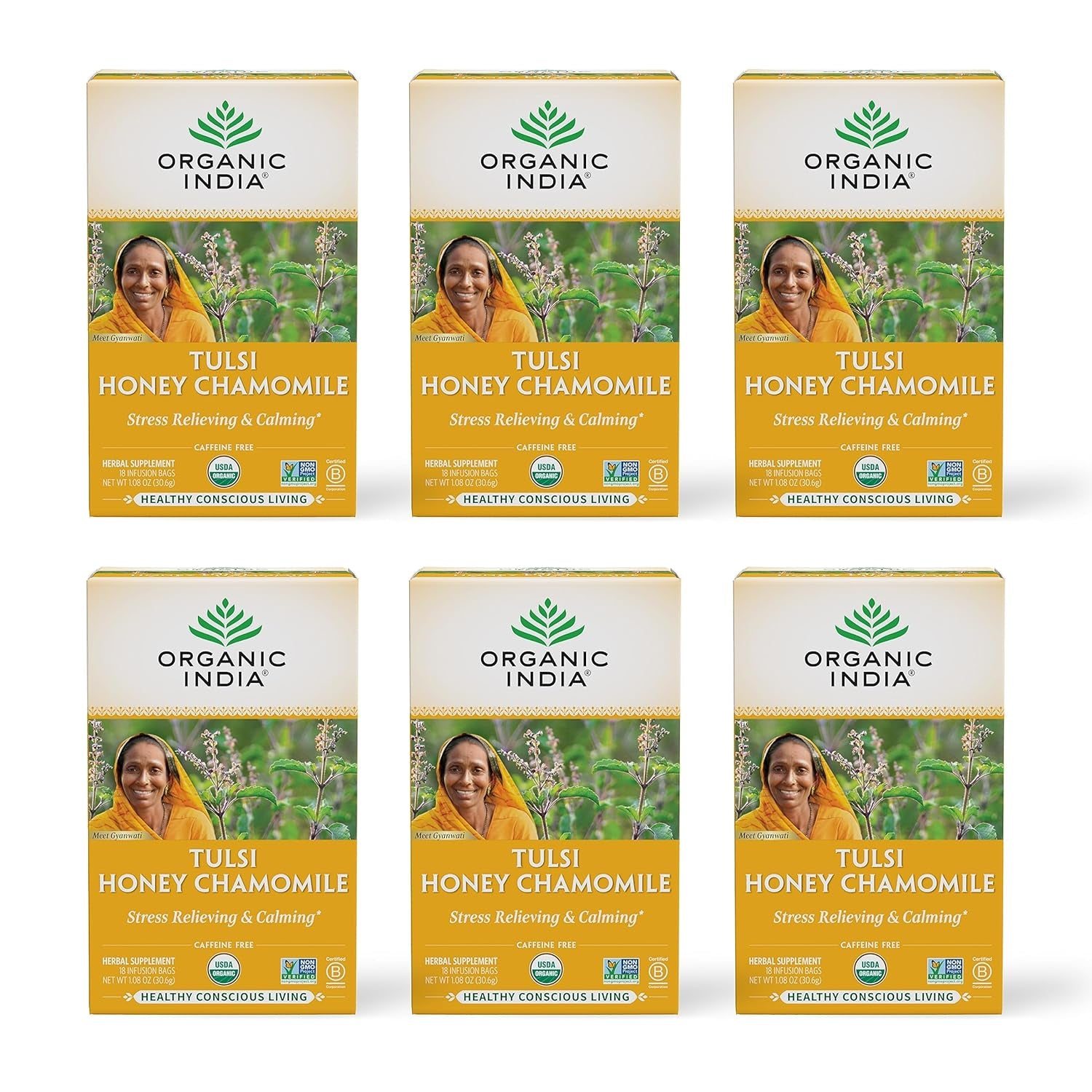 Tulsi Original Herbal Tea - Holy Basil and African Basil Calming and Stress Relief Tea, Immune Support, USDA Certified Organic, Non-Gmo, Caffeine-Free - 18 Infusion Bags, 6 Pack TLBH