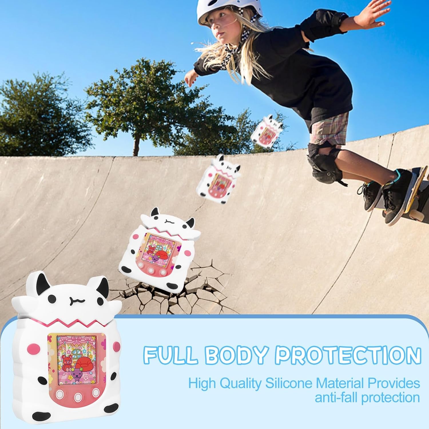 Silicone Case Compatible with Tamagotchi Pix Virtual Pet Game Machine Case, Silicone Interactive Virtual Pet Game Machine Cute Cartoon Cow Protectoive Cover with Lanyard Accessories (White) ZOUSA