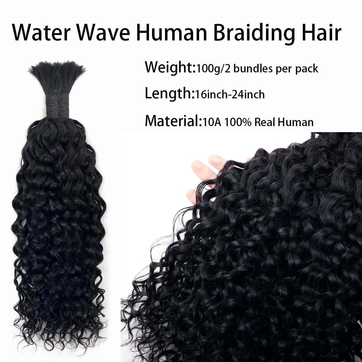 Human Braiding Hair for Boho Braids Human Hair Water Wave Bundles Bulk Human Hair for Braiding Curly Human Hair for Boho Knotless Braids Human Hair for Braiding 2 Bundles per Pack 100G (18Inch)