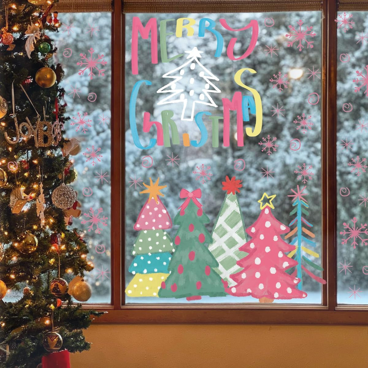 50 PCS Christmas Window Cling Sticker, Pink Cute Xmas Trees Truck Gifts for Home Party Supplies Shop Window Glass Display Decoration