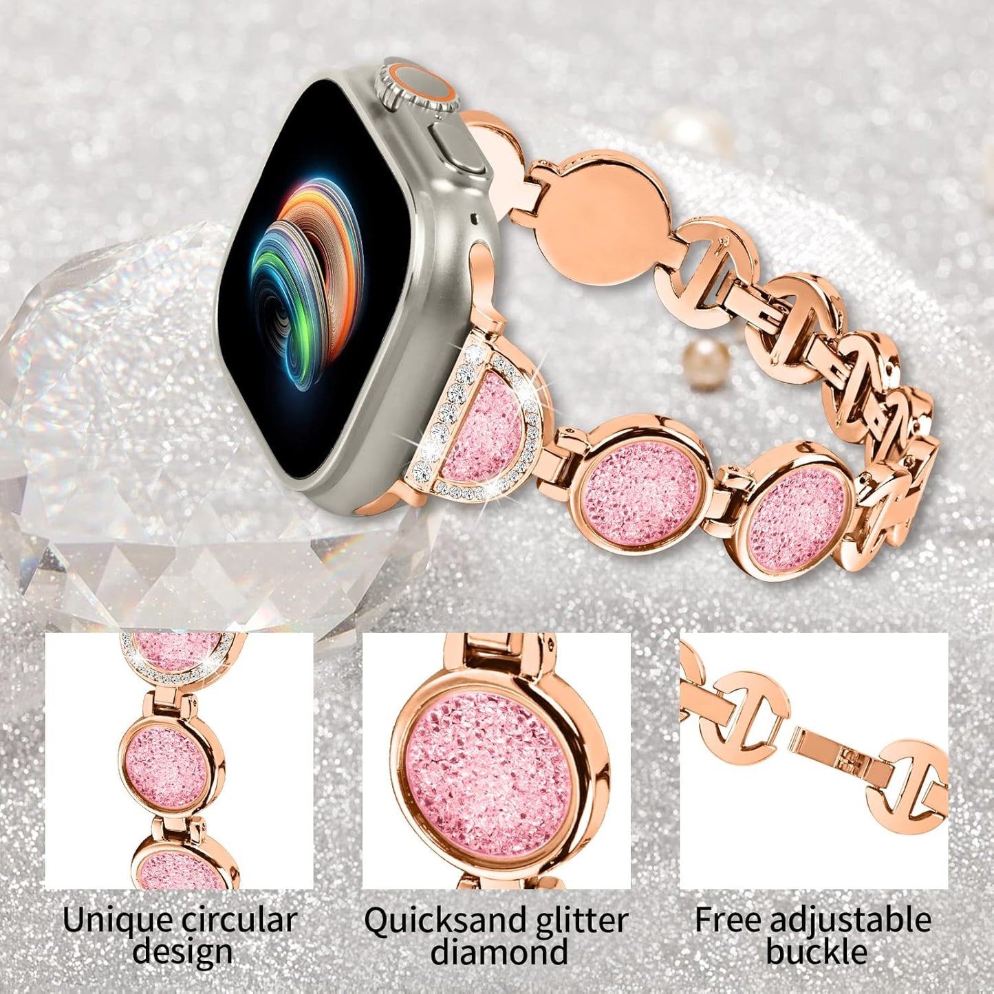 Bling Bands Compatible with Apple Watch 46Mm 49Mm 45Mm 44Mm 42Mm 41Mm 40Mm 38Mm Ultra Ultra2 Series 10 9 8 7 6 5 4 3 2 1 SE for Women, Glitter Metal Bracelet Straps Luxurious Rhinestone Replacement Wristband for Iwatch All Series