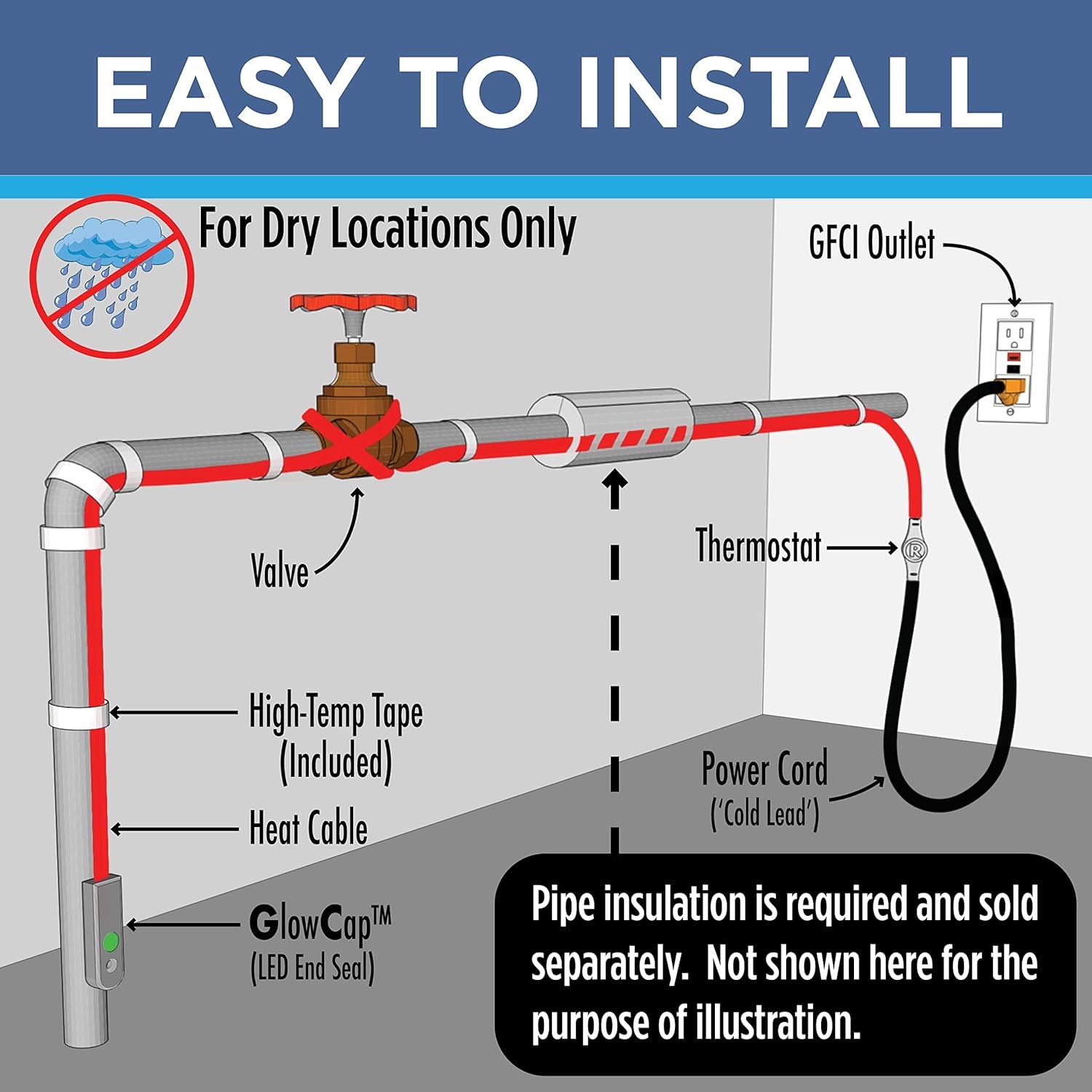 Intelligent Heat Tape for Water Pipe Freeze Protection - with Glowcap™, Built-In Thermostat, Tape Included, 10 YR Warranty, Heavy-Duty, Self-Regulating, 120V (60 Ft)