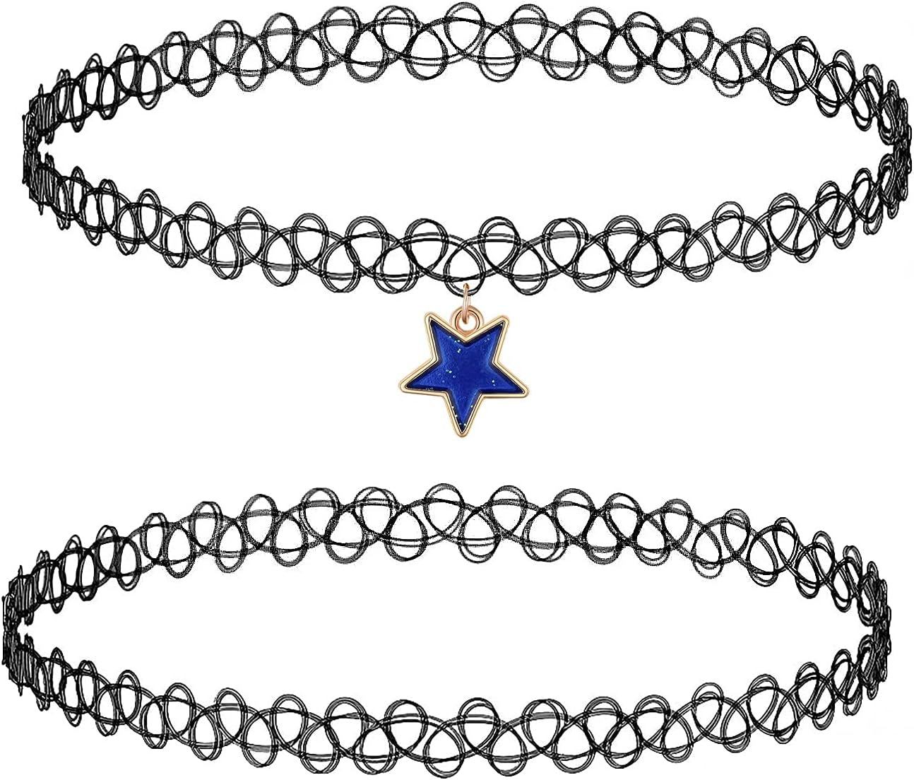 2PC Tattoo Choker Necklace - 90S Choker Necklace Women - 2000S Y2K Black Chokers Rainbow Choker - Butterfly Ying Yang Unicorn Rainbow Charms - Stretchy Elastic Necklace
