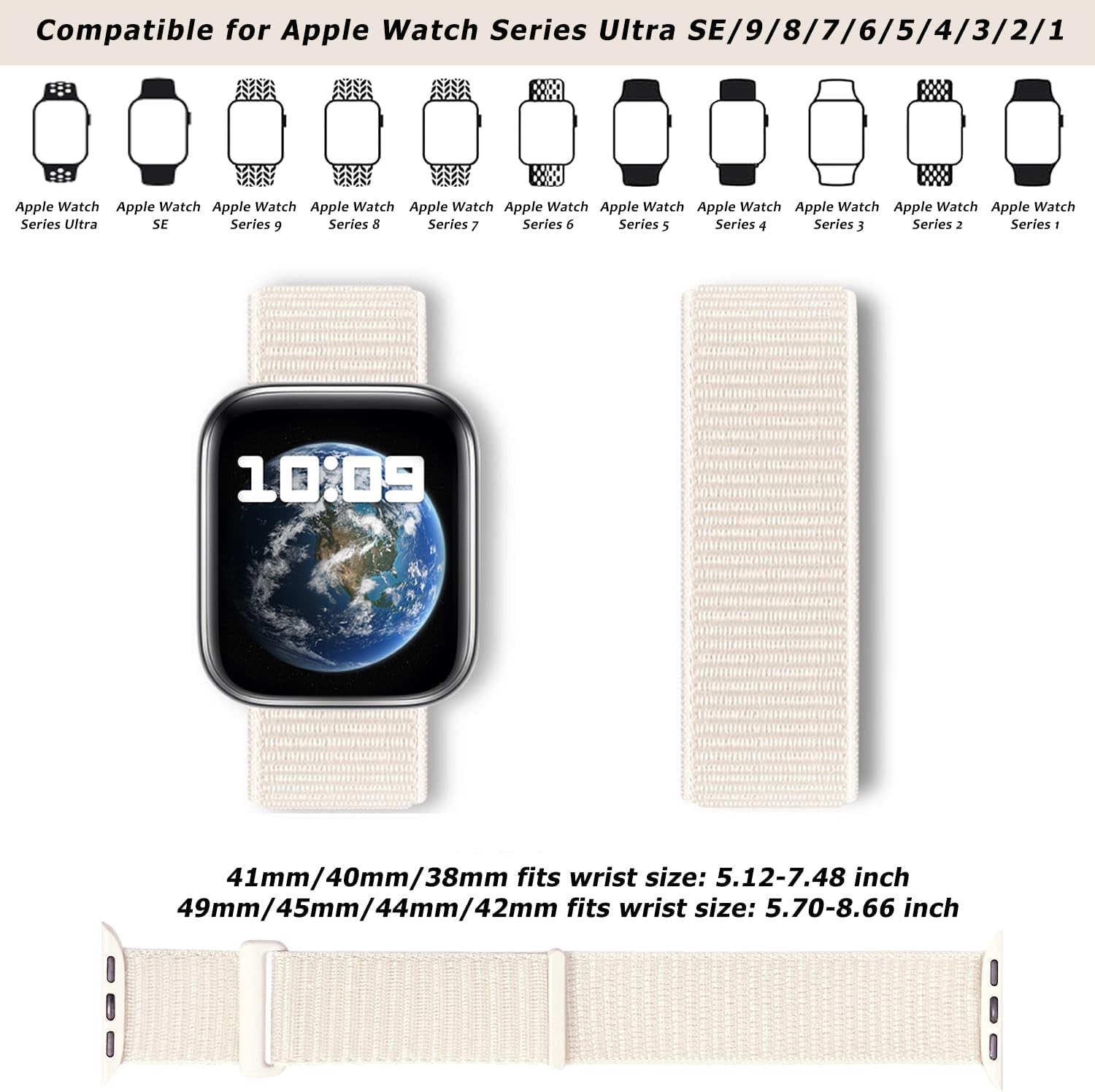 Nylon Sport Loop Bands Compatible with Apple Watch Band 41Mm 40Mm 38Mm 49Mm 45Mm 44Mm 42Mm Women Men, Stretchy Breathable Strap for Iwatch Series 9 Ultra 8 7 6 5 4 3 2 SE (38,Startlight）