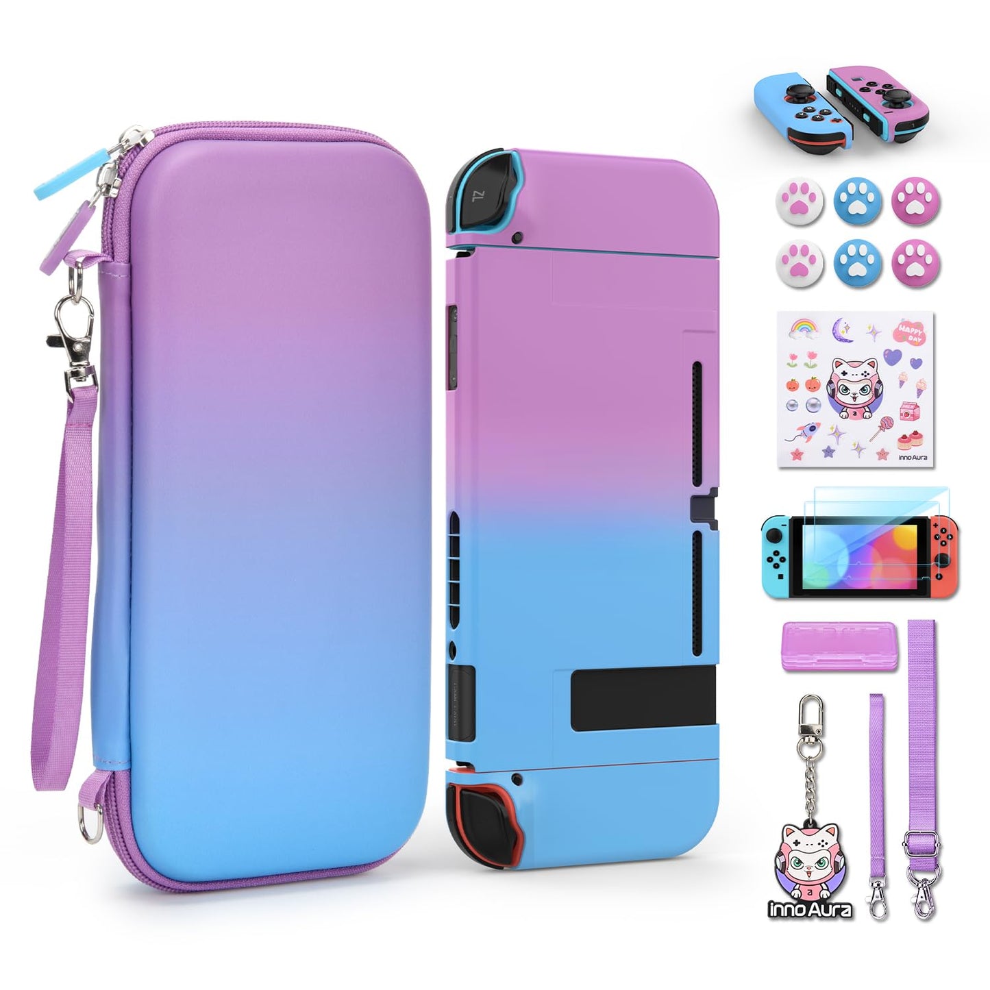 Switch Case for NS Switch, Innoaura 17 in 1 Switch Accessories Bundles with Switch Carrying Case, Switch Game Case, Switch Protective Case, Switch Screen Protector, Switch Thumb Caps (Mermaid Pink)
