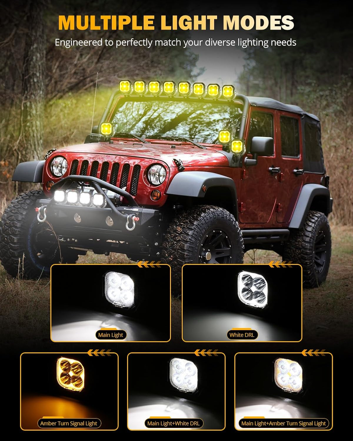 Color Play Series 3 Inch LED Pod Lights, 100W 11600LM Amber White LED Cube Spot Light Offroad Driving Ditch Lights with DRL & Turn Signal, Fog Lights for Trucks Jeep Ford UTV ATV, Pair