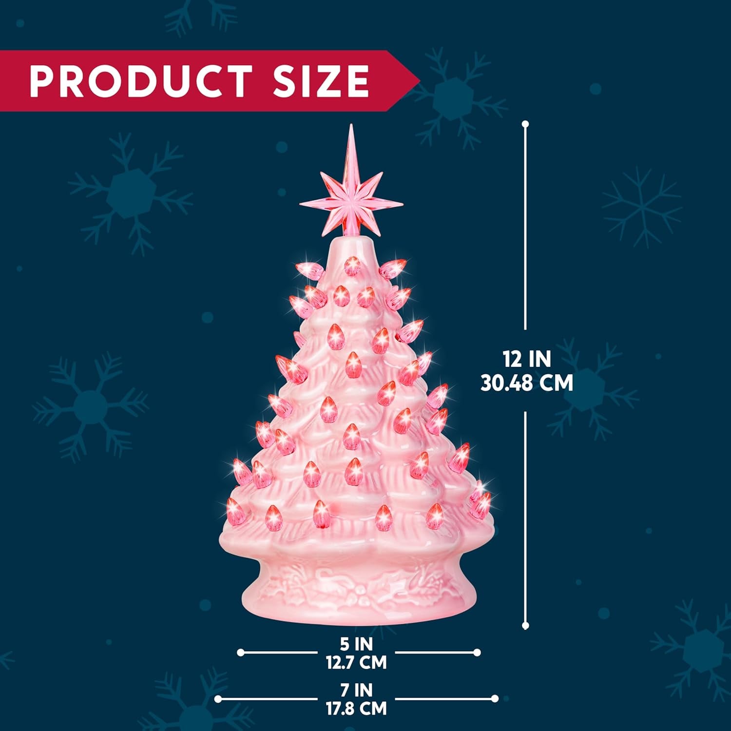 12" Pink Ceramic Christmas Tree, Prelit Tabletop Christmas Tree with Extra Pink Top Star & Bulbs for Best Desk Decoration