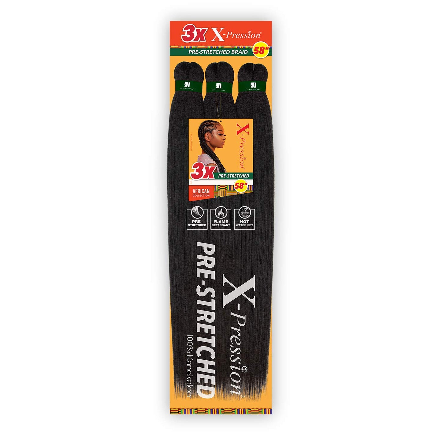 Xpression Prestretched Braiding Hair - 3X Xpression 58-Inch Kanekalon Flame Retardant Smooth Yaki Braid - 3X X-Pression 58 Inch (1 Pack, 1B OFFBLACK)