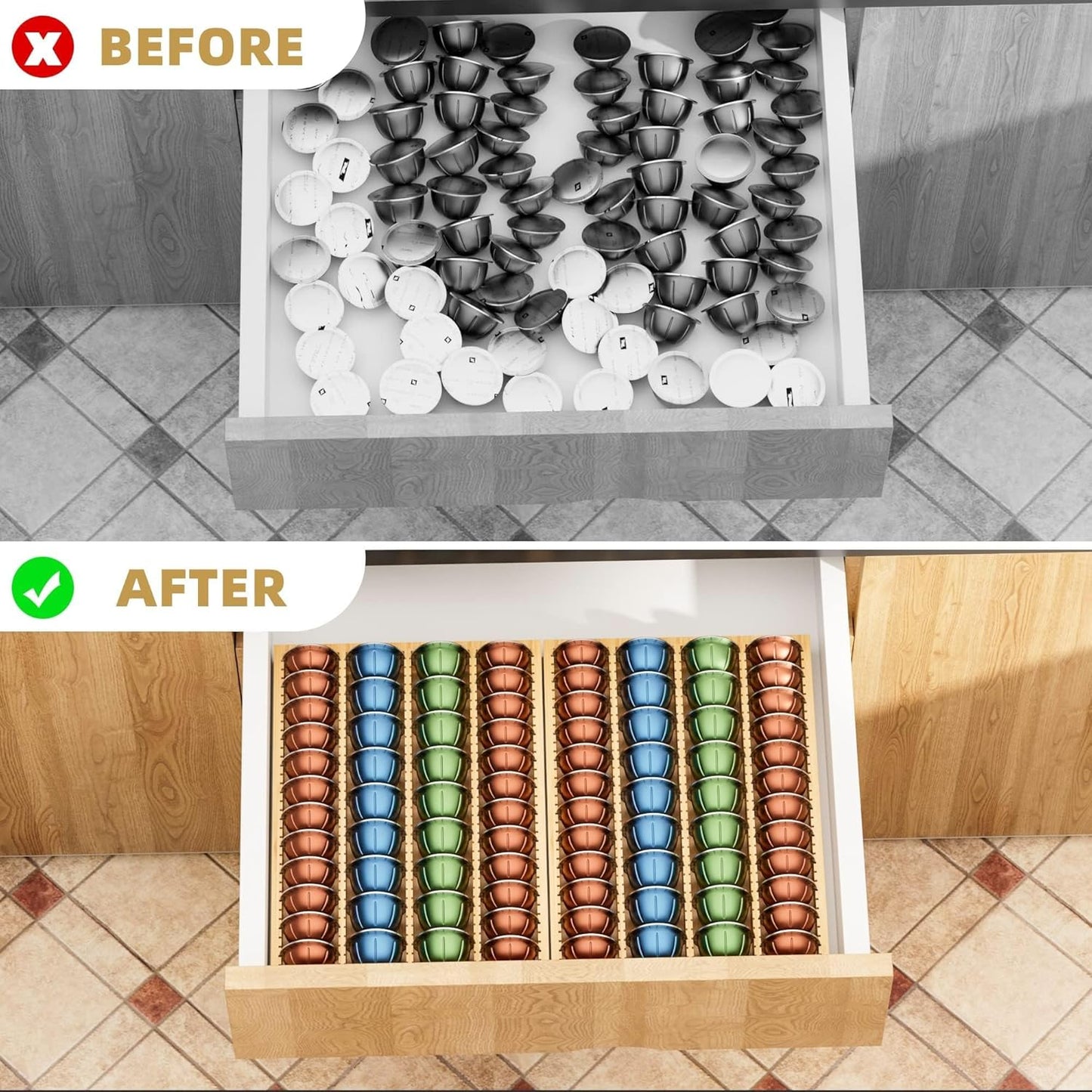 Bamboo Coffee Pod Storage Holder Drawer Insert for Counter Compatible Nespresso Vertuo Vertuoline Capsules for Kitchen, Home, Office, Coffee Station