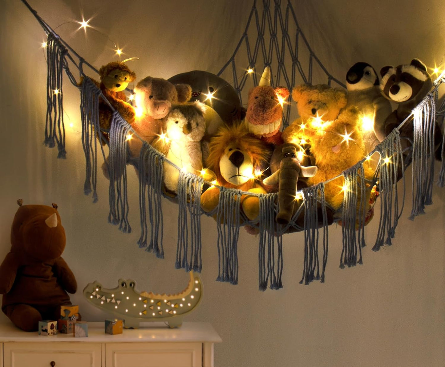 Stuffed Animal Hammock Corner with LED Light - Toy Storage Hammock Plushie Net Organizer - Teddy Bear Stuffy Hammock - Cute Blue Things for Bedroom - Wall Ceiling Hanging Decor