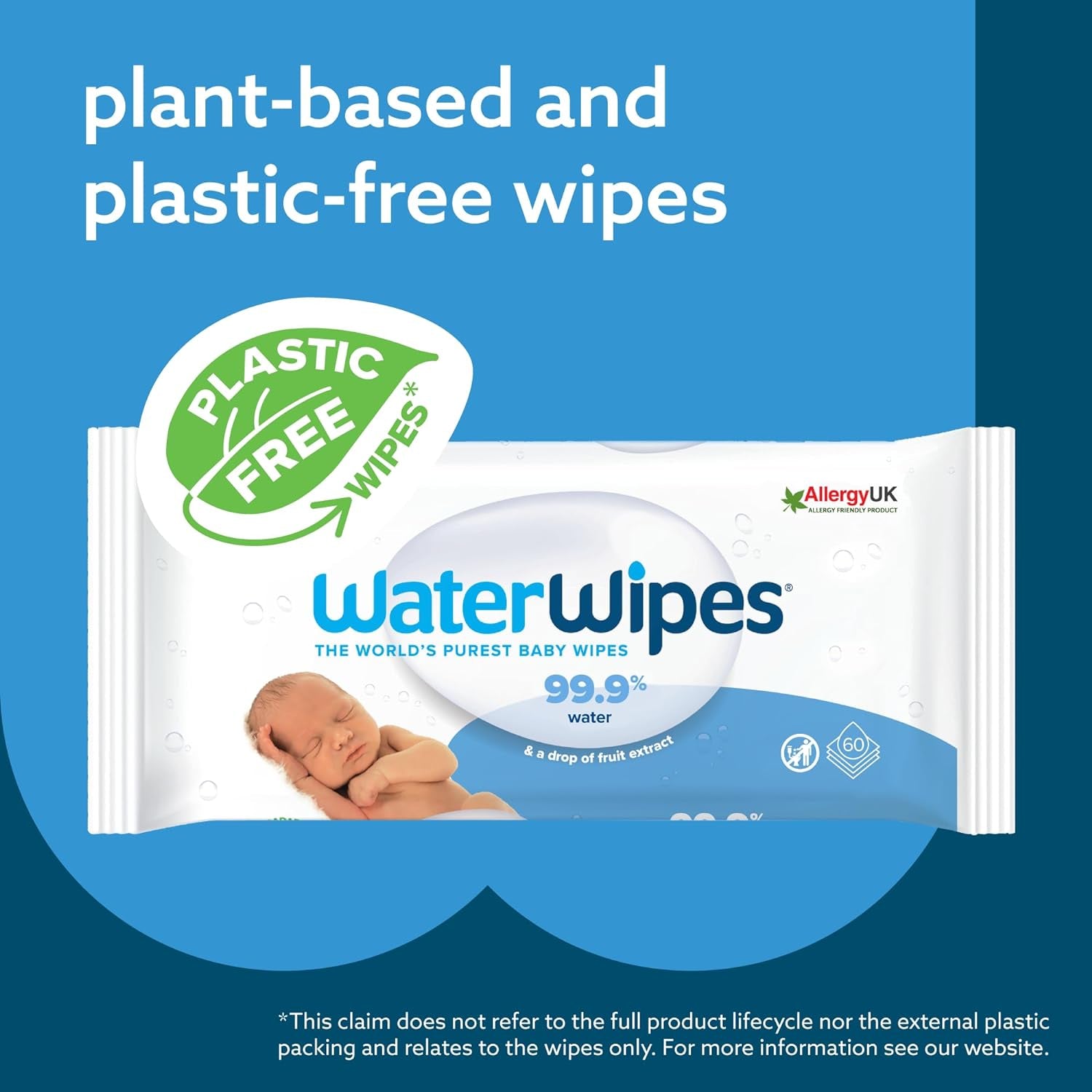 Plastic-Free Original Baby Wipes, 99.9% Water Based Wipes, Unscented & Hypoallergenic for Sensitive Skin, 60 Count (Pack of 12), Packaging May Vary