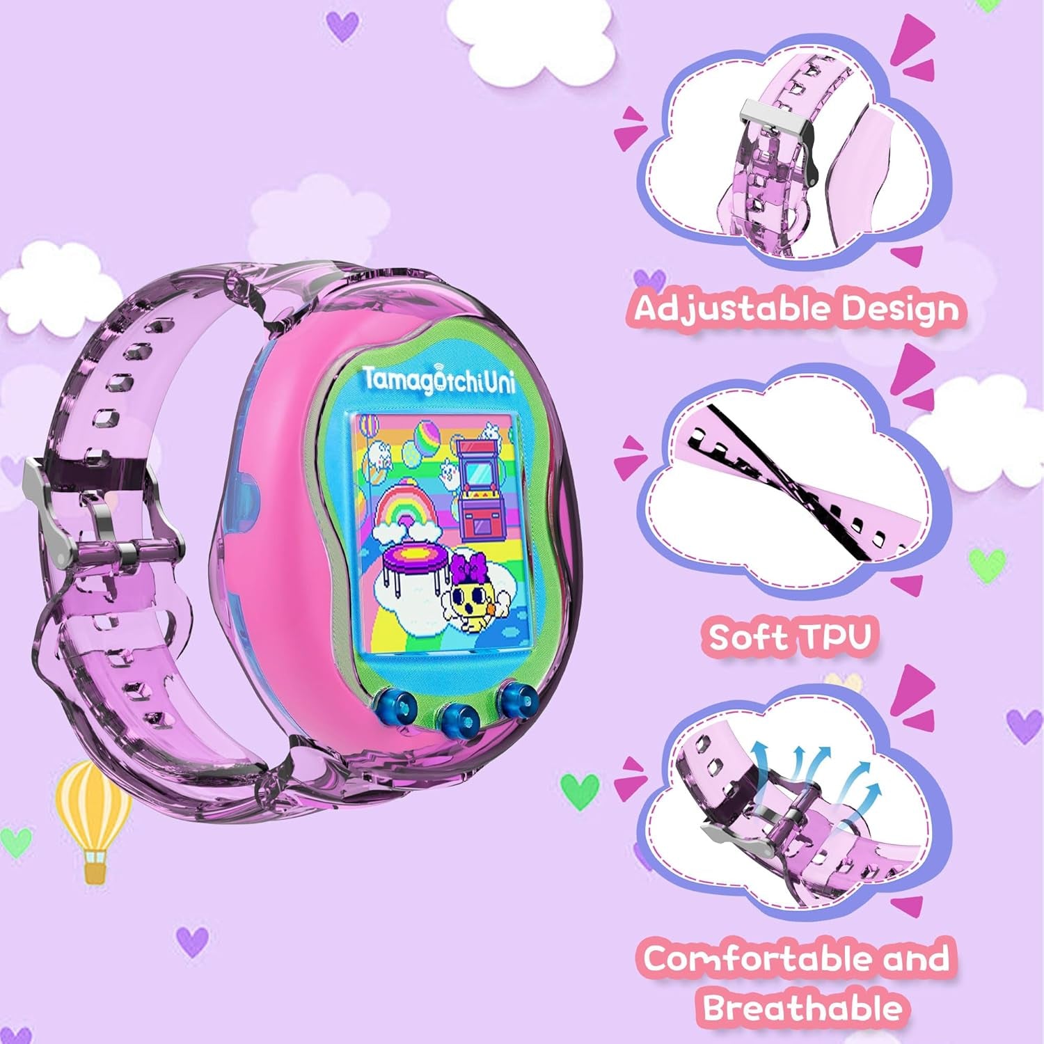 Wristband for Tamagotchi Uni [2Pack], TPU Bracelet Holder Compatible with Tamagotchi Uni, Adjustable TPU Protective Tamagotchi Uni Case for Kids Teen Adults 6.3-8.85" (Purple+Pink) ZOUSA
