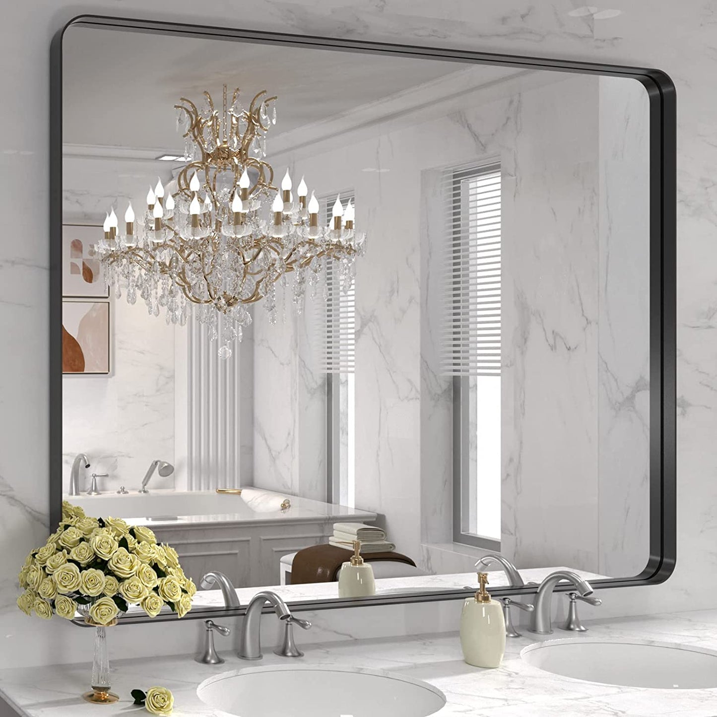 50X30 Inch Black Metal Framed Bathroom Mirror for Wall, Matte Black Bathroom Vanity Mirror Farmhouse, Large Rounded Rectangle Mirror, Anti-Rust, Tempered Glass, Hangs Horizontally or Vertically