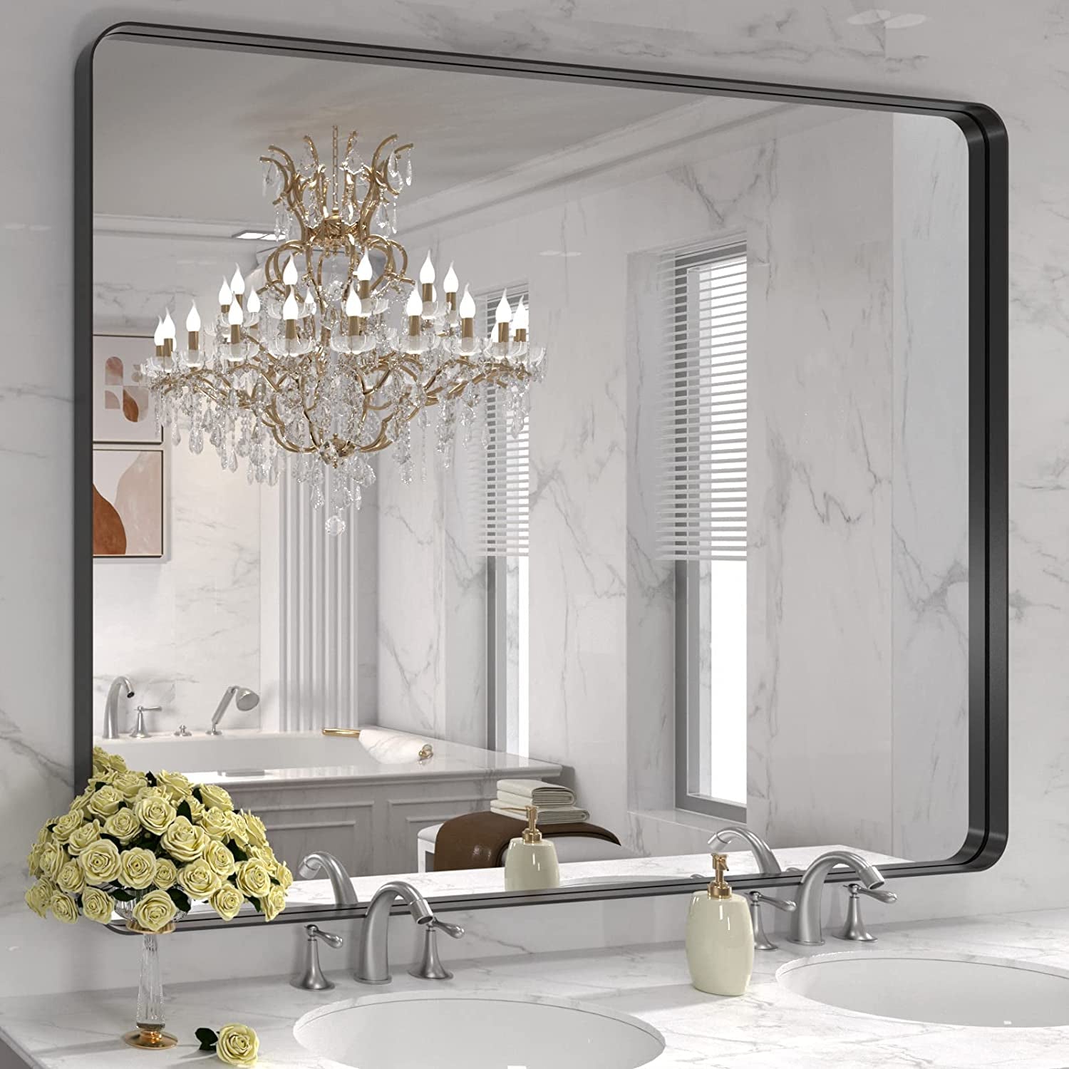 50X30 Inch Black Metal Framed Bathroom Mirror for Wall, Matte Black Bathroom Vanity Mirror Farmhouse, Large Rounded Rectangle Mirror, Anti-Rust, Tempered Glass, Hangs Horizontally or Vertically