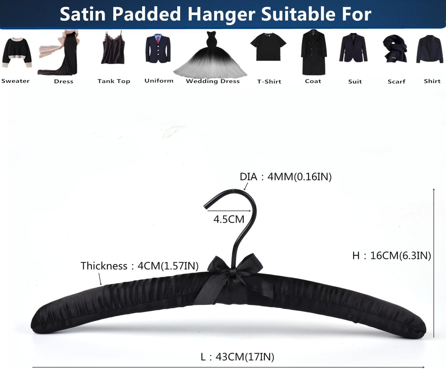 17 Inch Extra Large anti Slip Satin Padded Bridal Wedding Dress Hanger No Bumps for Dress Coats, Sweaters Pack of 5 (Black, 5)