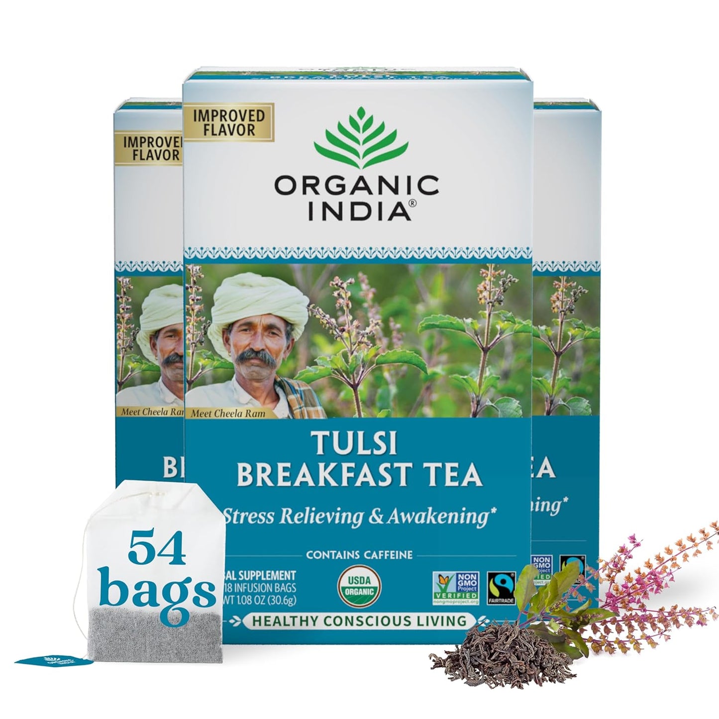 Calming Tulsi Ashwagandha Herbal Tea - Holy Basil Tea with Ashwagandha Root, Supports Restful Sleep - Adaptogen, Vegan, USDA Certified Organic, Non-Gmo - 18 Infusion Bags, 3 Pack TLBH